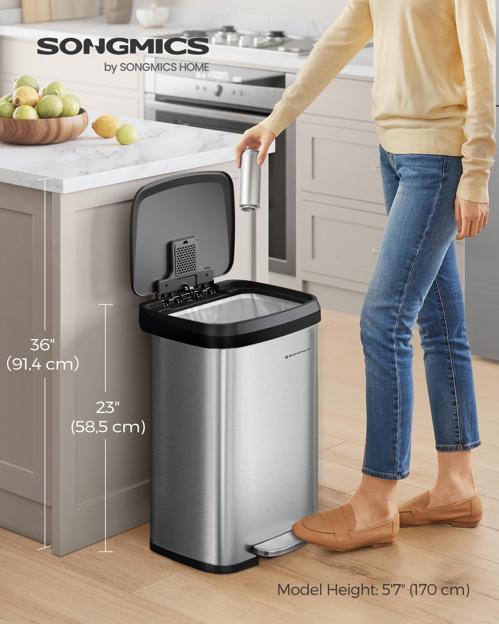 Songmics Kitchen Trash Can, 13 Gallon (50 L) Stainless Steel Garbage Can, With Stay-Open Lid And Step-On Pedal, Soft Closure, Ta