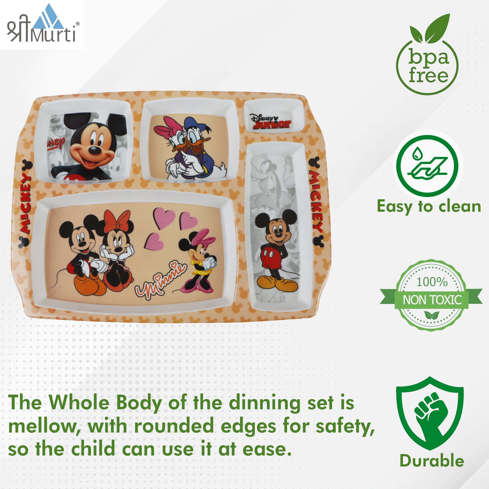 Shree Murti Food Serving Dinner Plate with 5 Sectioned Partition Funny Cartoon Printed (Minnie) |Perfect Gifting for Navratri Di
