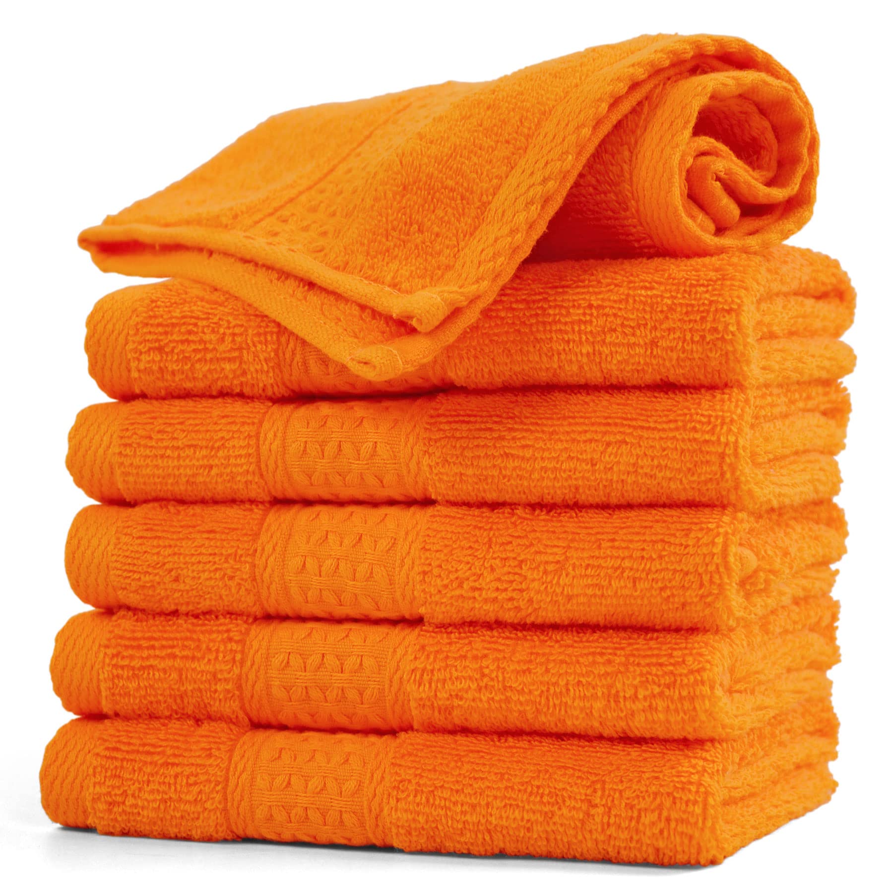 Cleanbear Washcloths Orange Face Cloths Set Of 6 Large All Cotton Bathroom Wash Cloth - 13 By 13 Inches Highly Absorbent Face To
