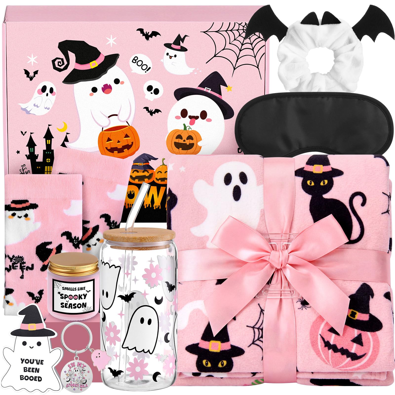 Chumia 9 Pcs Halloween Boo Basket Stuffers Gift Set for Women, Pink