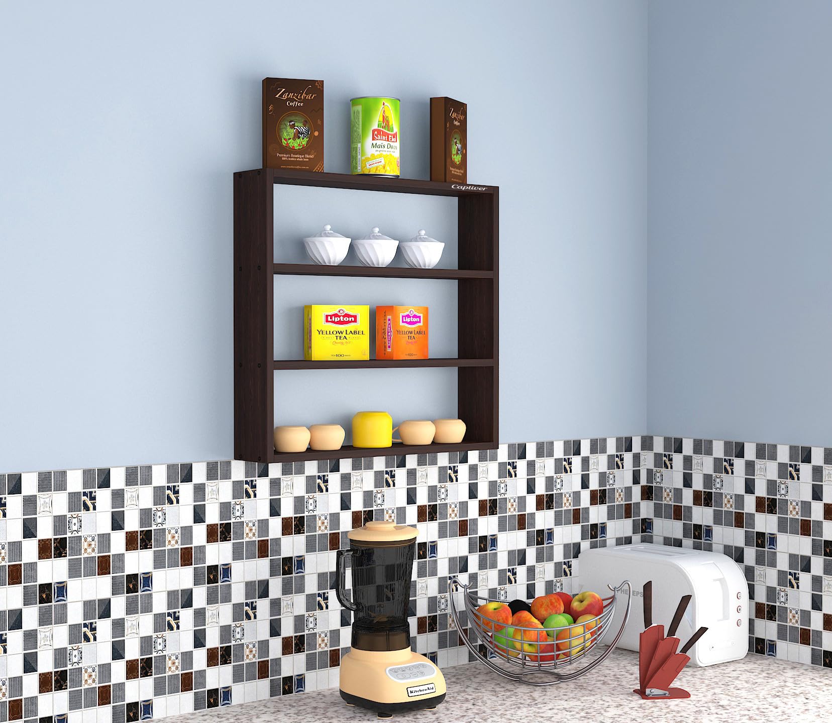 Captiver Engineered Wood Wall Mounted Kitchen Shelves Shelf Racks (Tier 3 Wenge) Organizer Stand Items Storage Corner Home Space