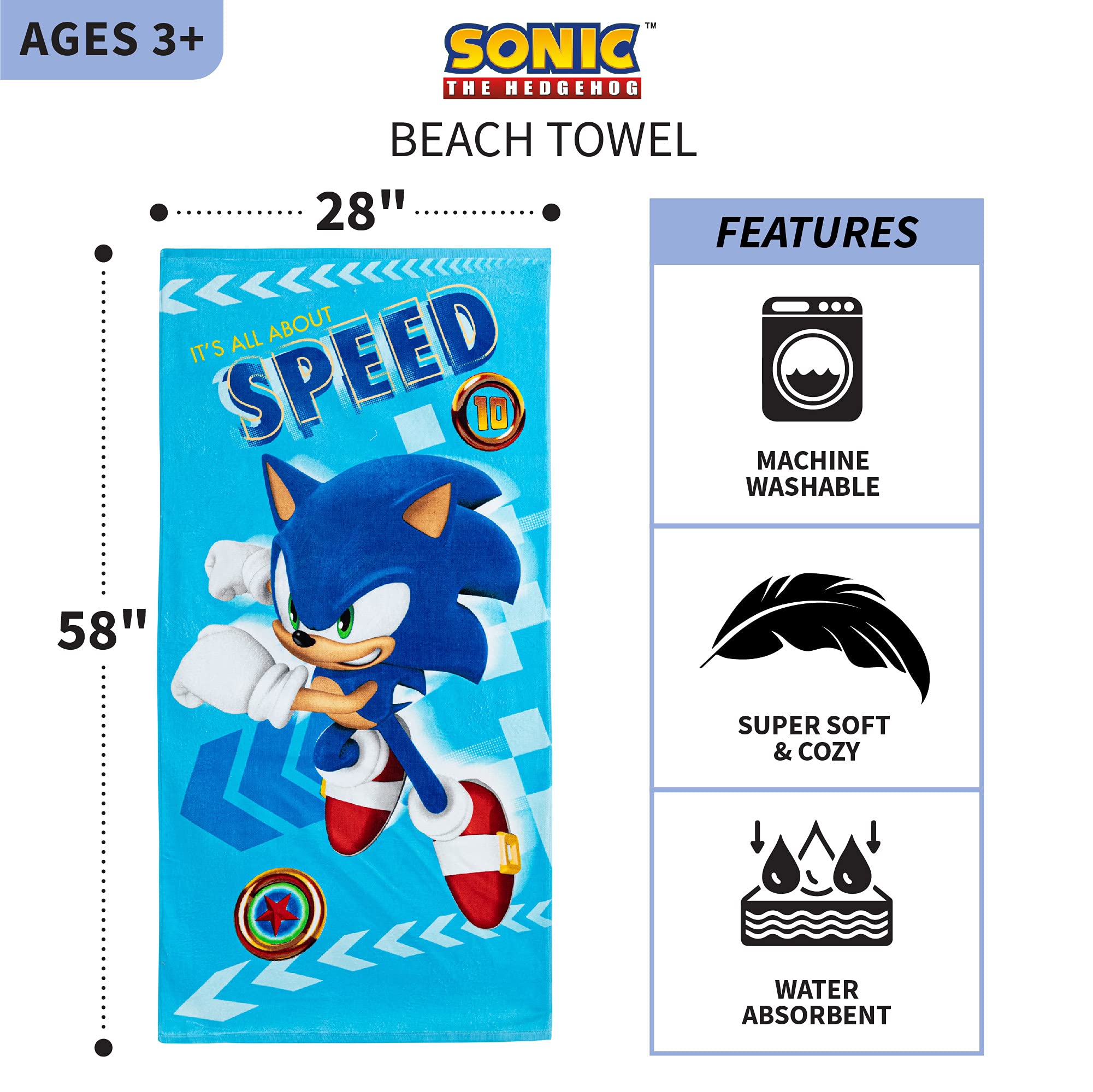 Franco Kids Super Soft Cotton Beach Towel  58 in x 28 in  Sonic The Hedgehog
