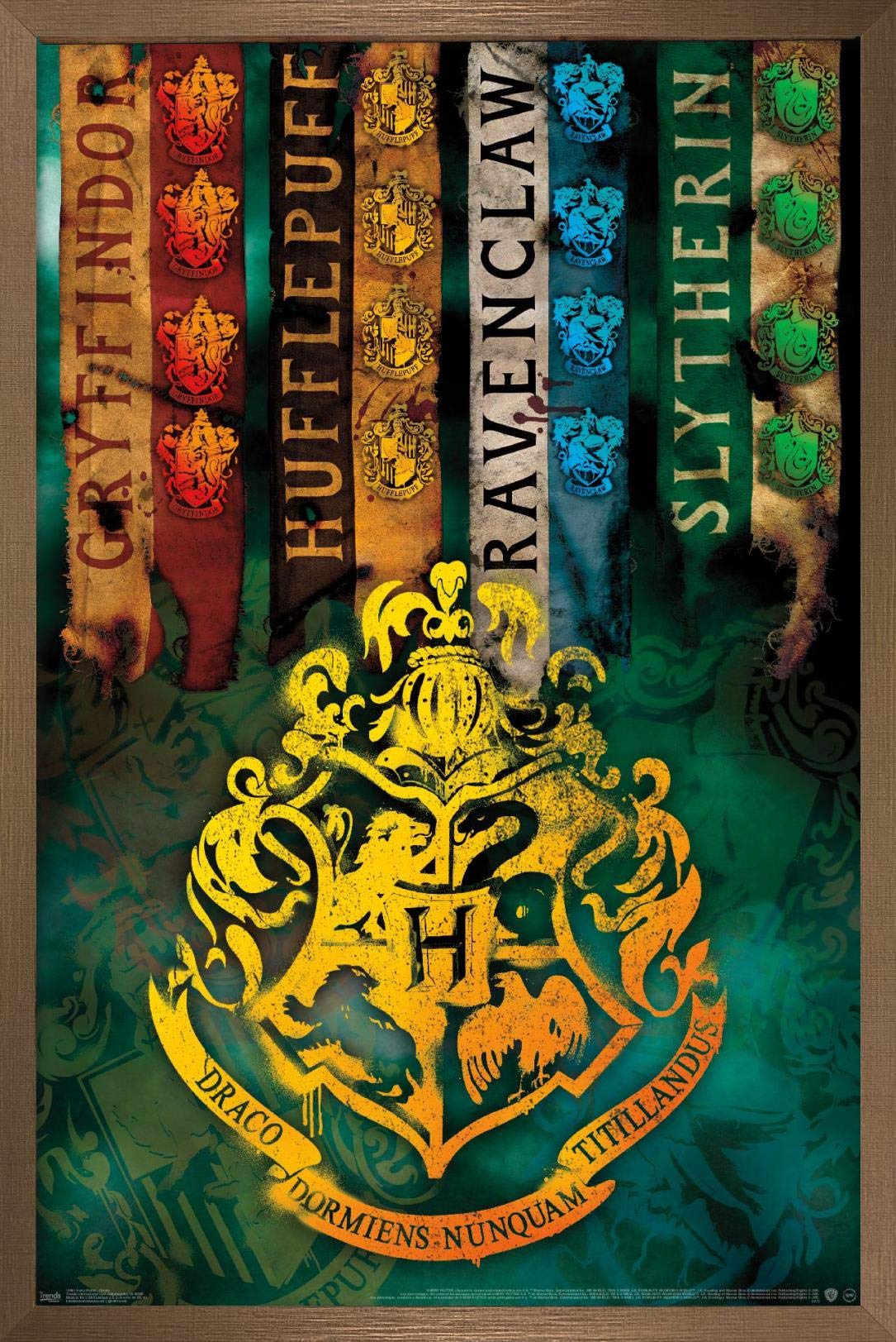 Trends International The Wizarding World: Harry Potter - House Crests Wall Poster, 14.725'' X 22.375'', Bronze Framed Version