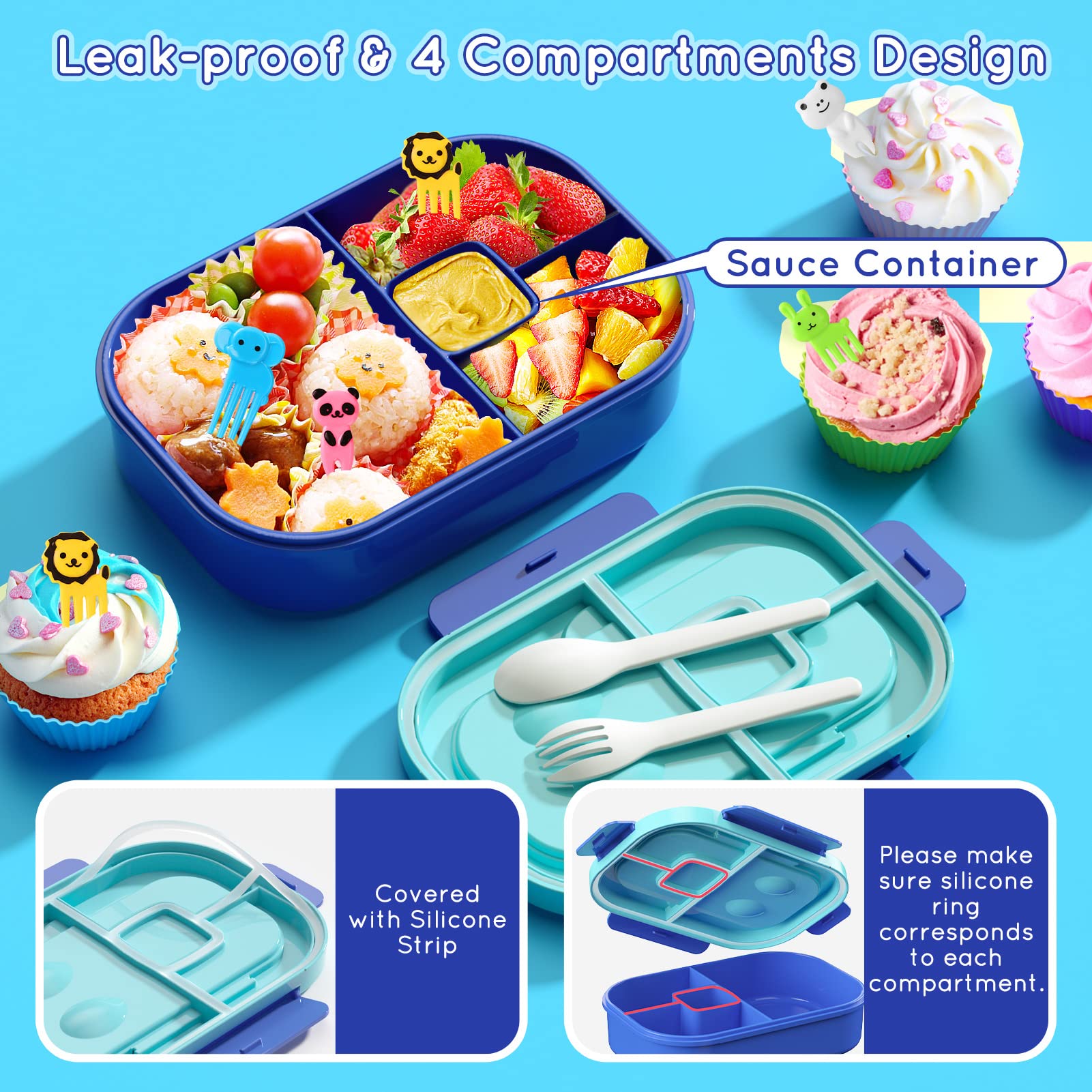 Time4Deals Kids Bento Lunch Box Leakproof Lunch Box With 4 Compartments Lunch Containers With Tableware Kids Bento School Lunch
