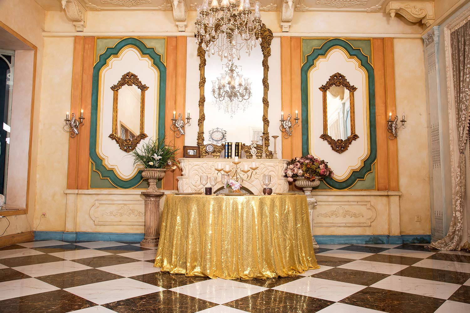 Partydelight 108'' Round Sparkly Gold Sequin Tablecloth For Wedding, Party, Christmas Decorations