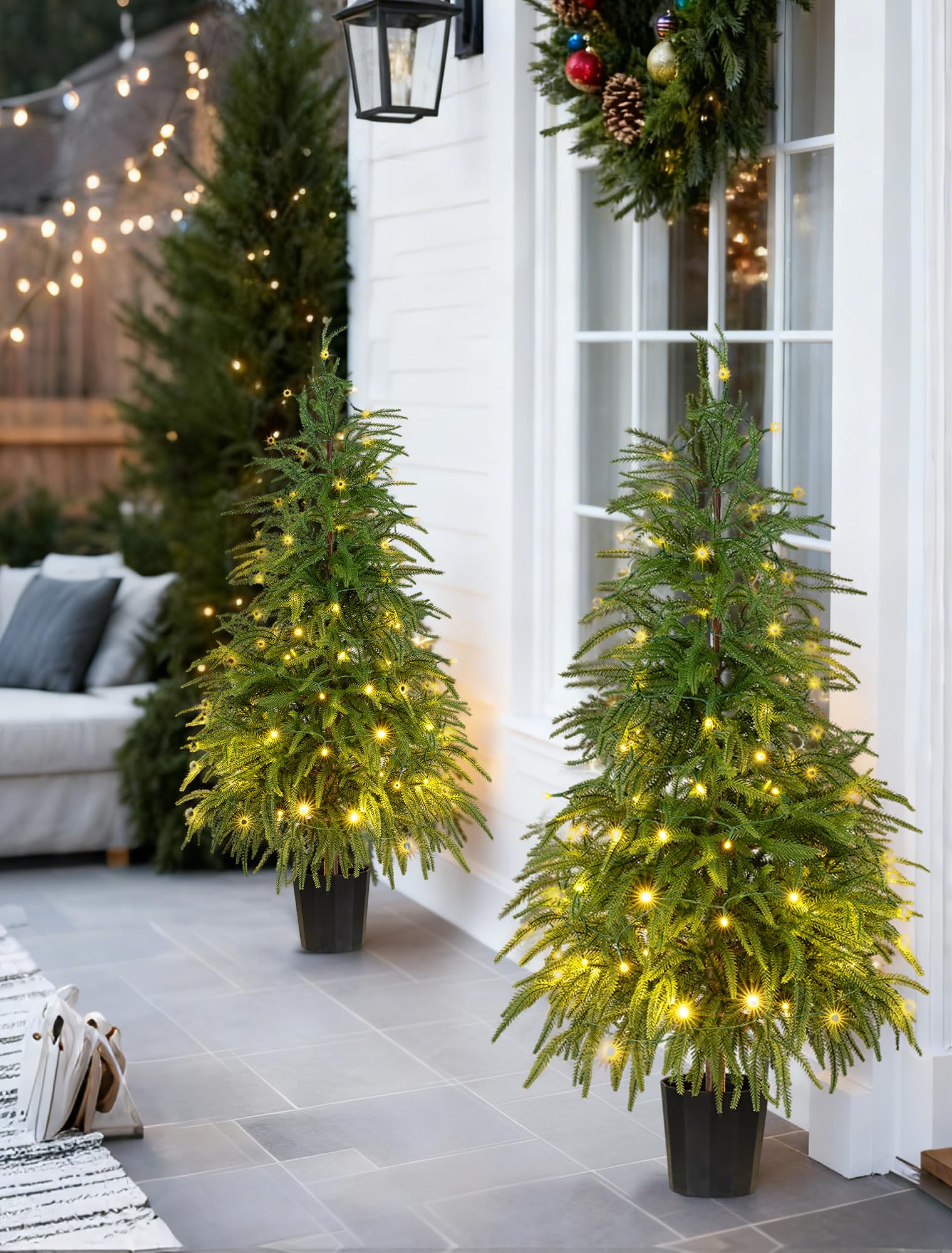 BLOSMON Outdoor Christmas Trees for Porch: 4 Ft Norfolk Pine Tree with 100 LED Lights Remote Control Timer 8 Lighting Modes - Sm