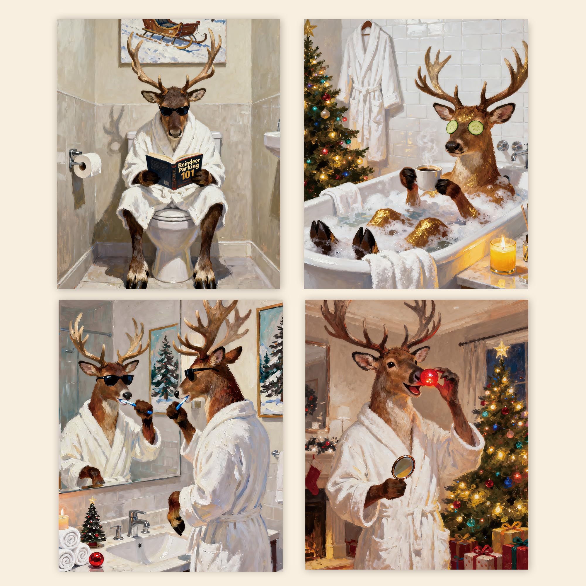 Poecinvi Funny Christmas Reindeer Wall Art Prints Set Of 4, Funny Christmas Bathroom Decor, Xmas Reindeer Posters Pictures Wall 
