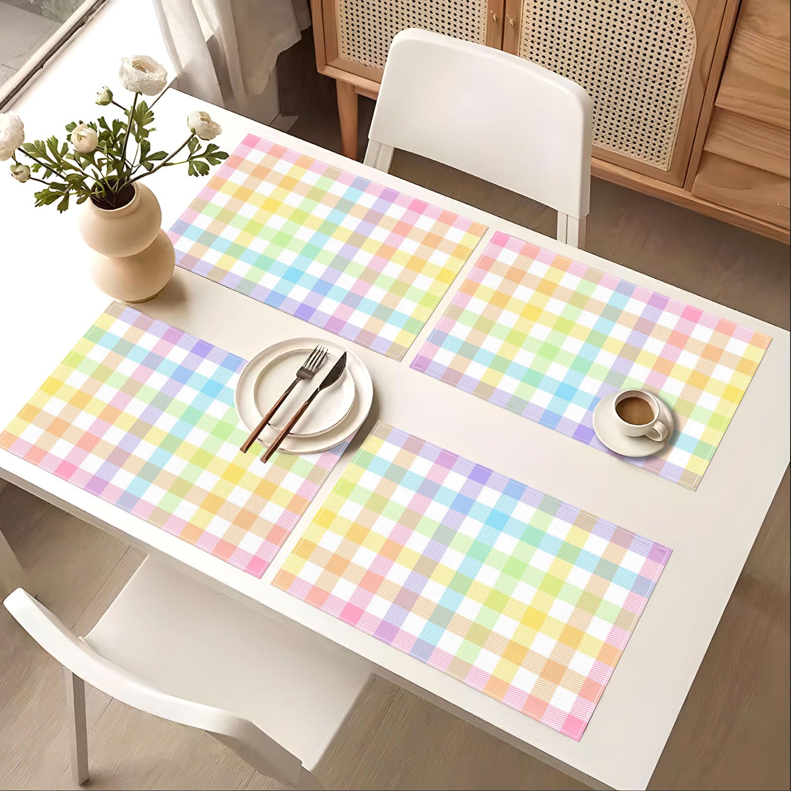 Pudodo Easter Buffalo Plaid Check Placemats Set Of 4 Spring Holiday Party Decorations For Home Kitchen Table Supply (12'' X 18''