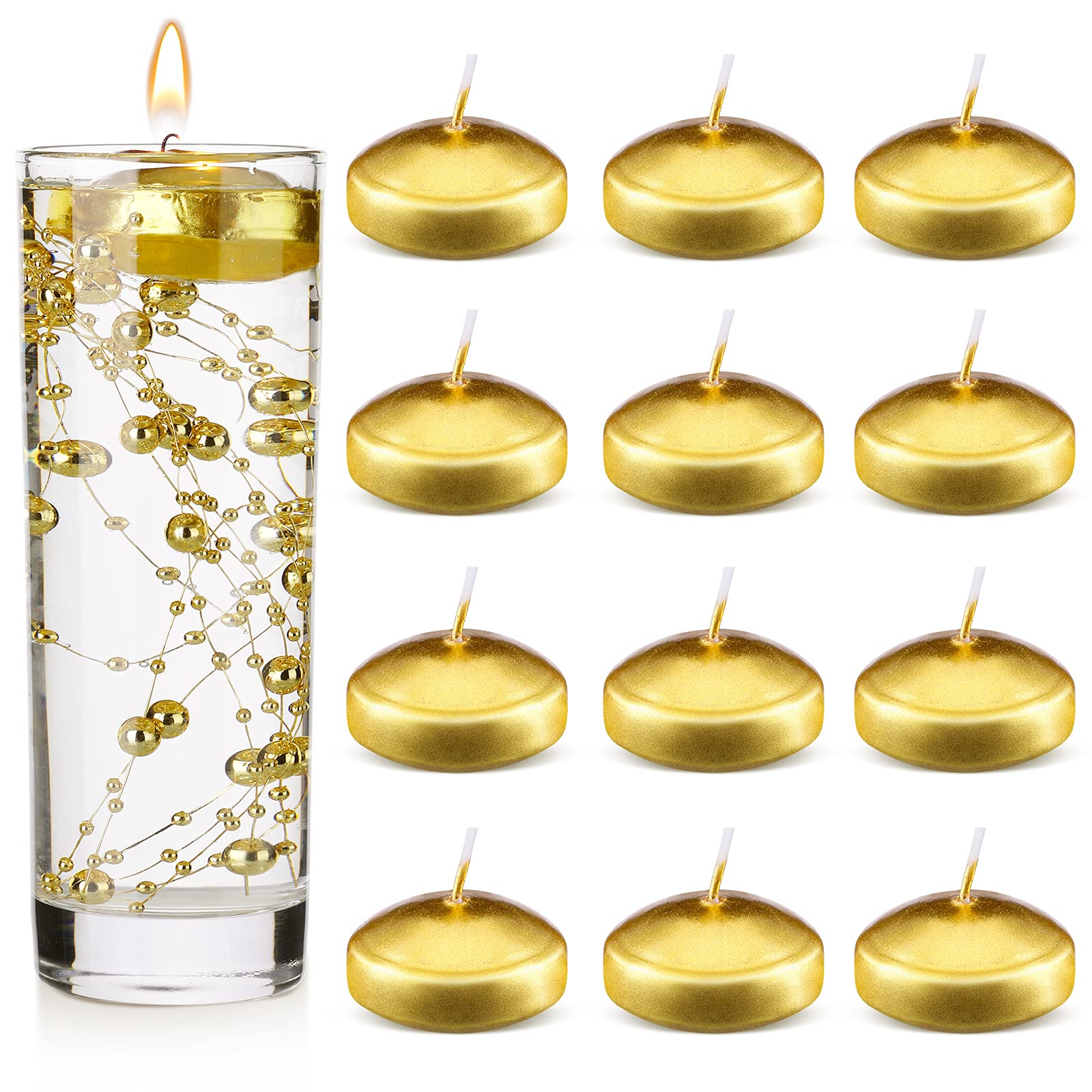 Nuanchu 12 Pieces 1. 65 Inch Floating Candles for Wedding Centerpiece, Small Unscented Floating Round Tealights Metallic Smooth 