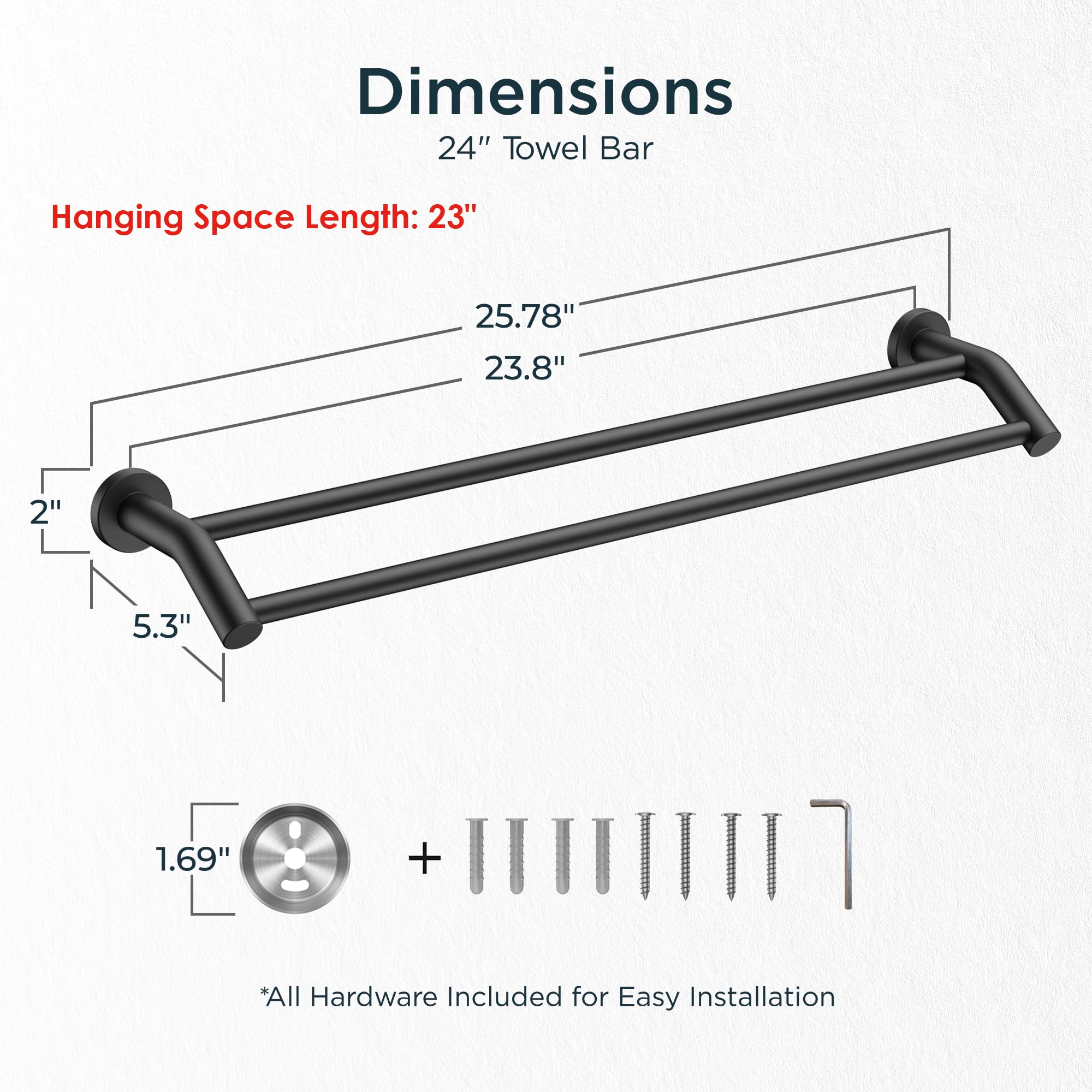 Forious Double Towel Bar 24 Inch, Heavy Duty Sus304 Stainless Steel Dual Towel Racks For Bathroom Wall Mount, Space Saving Towel