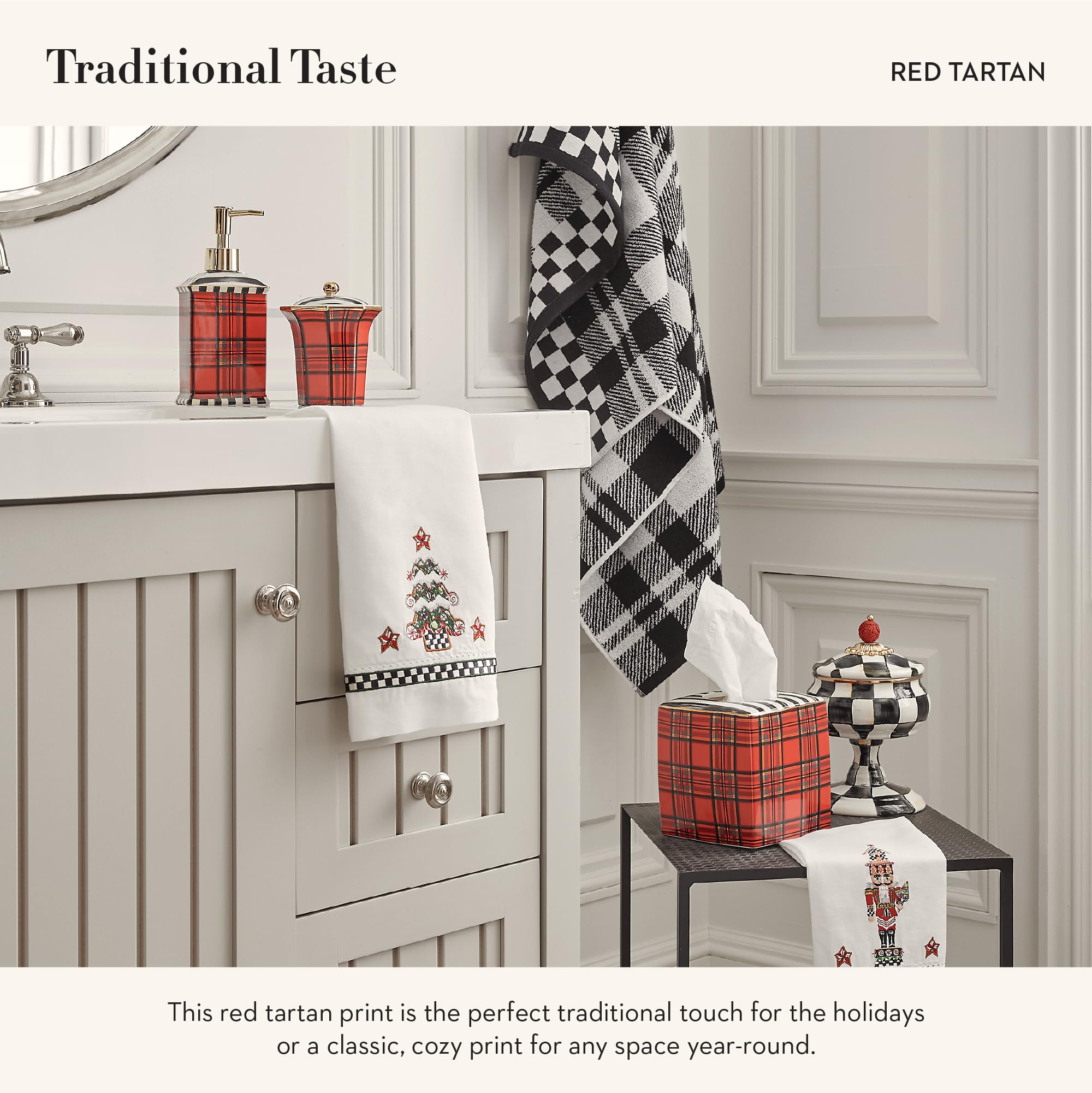 MACKENZIE-CHILDS Boutique Square Tissue Box Cover, Ceramic, Red Tartan, Model 45104-015, Home Decor