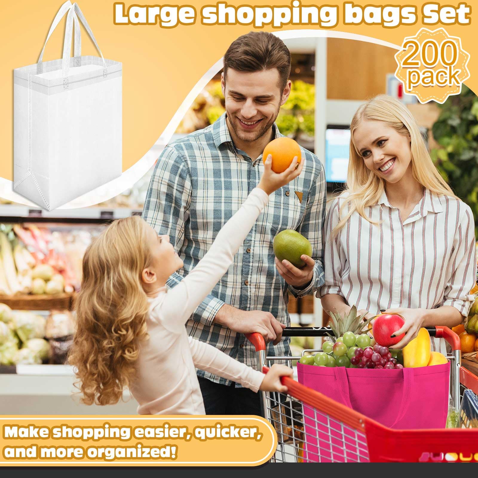 Windyun 50 Pcs Reusable Tote Bag Bulk 8 x 4 x 10 Inch Non Woven Shopping Bag with Handle Christmas Reusable Grocery Gift Tote(Wh