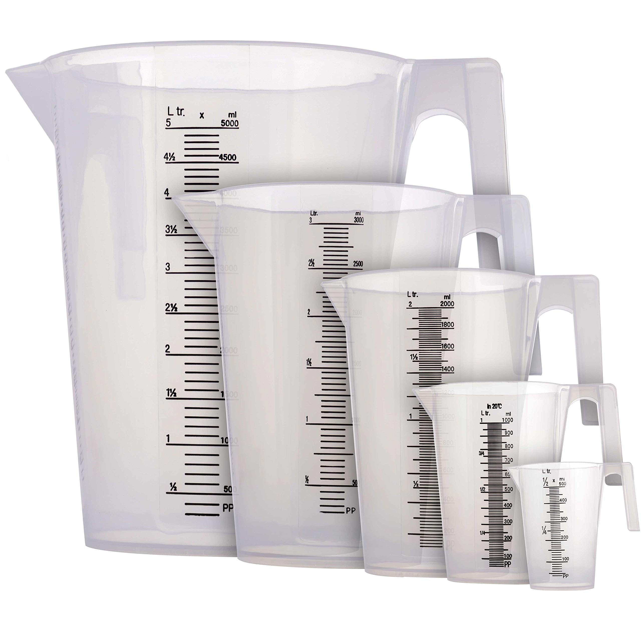 TCP Global 5 Piece Set of Plastic Graduated Measuring and Mixing Pitchers - 500, 1000 Quart, 2000, 3000, 5000 ml Gallon Sizes - 
