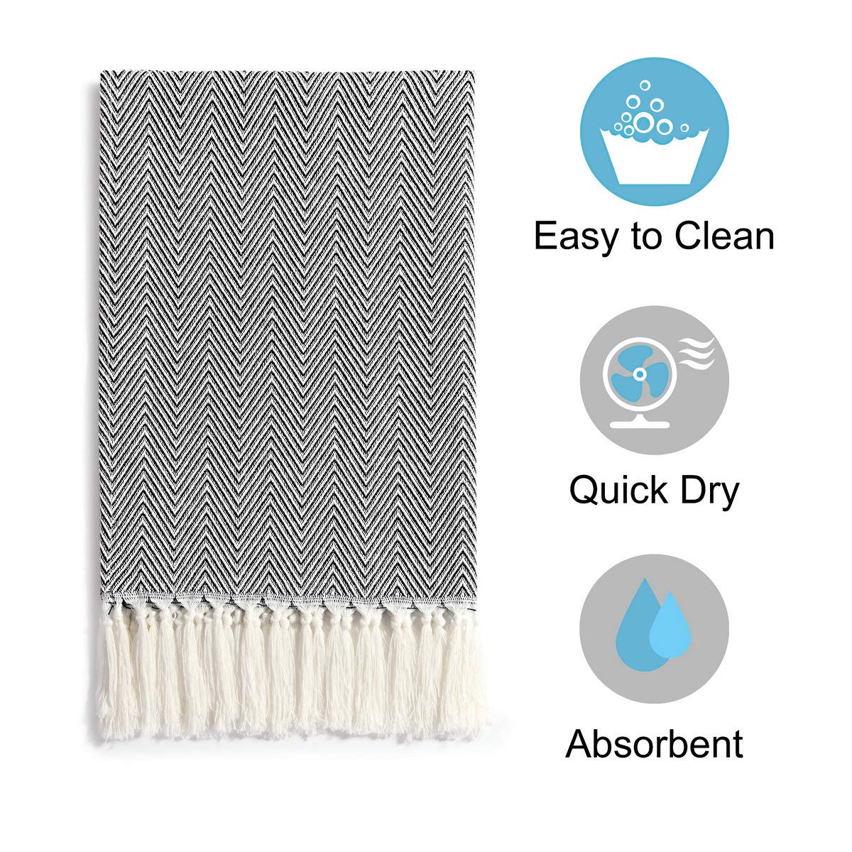 Mia 'sDream Tassels Cotton Bath Hand Towel Set Kitchen Tea Towel Dish Towels Set Napkin Washcloth 3 Pack 16inch X 24inch Black