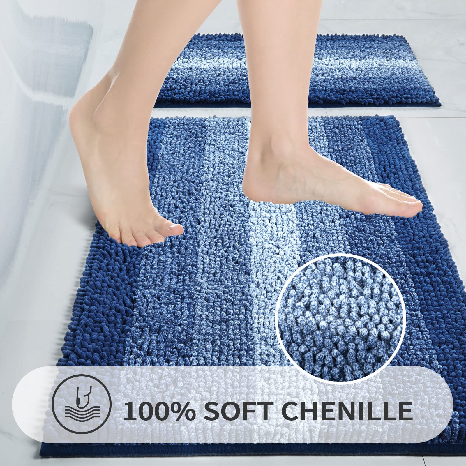 Gibelle Blue Bathroom Rugs, Luxury Chenille Bath Mat, Small Non Slip Shower Rug And Bath Room Floor Mats, Machine Washable, Quic