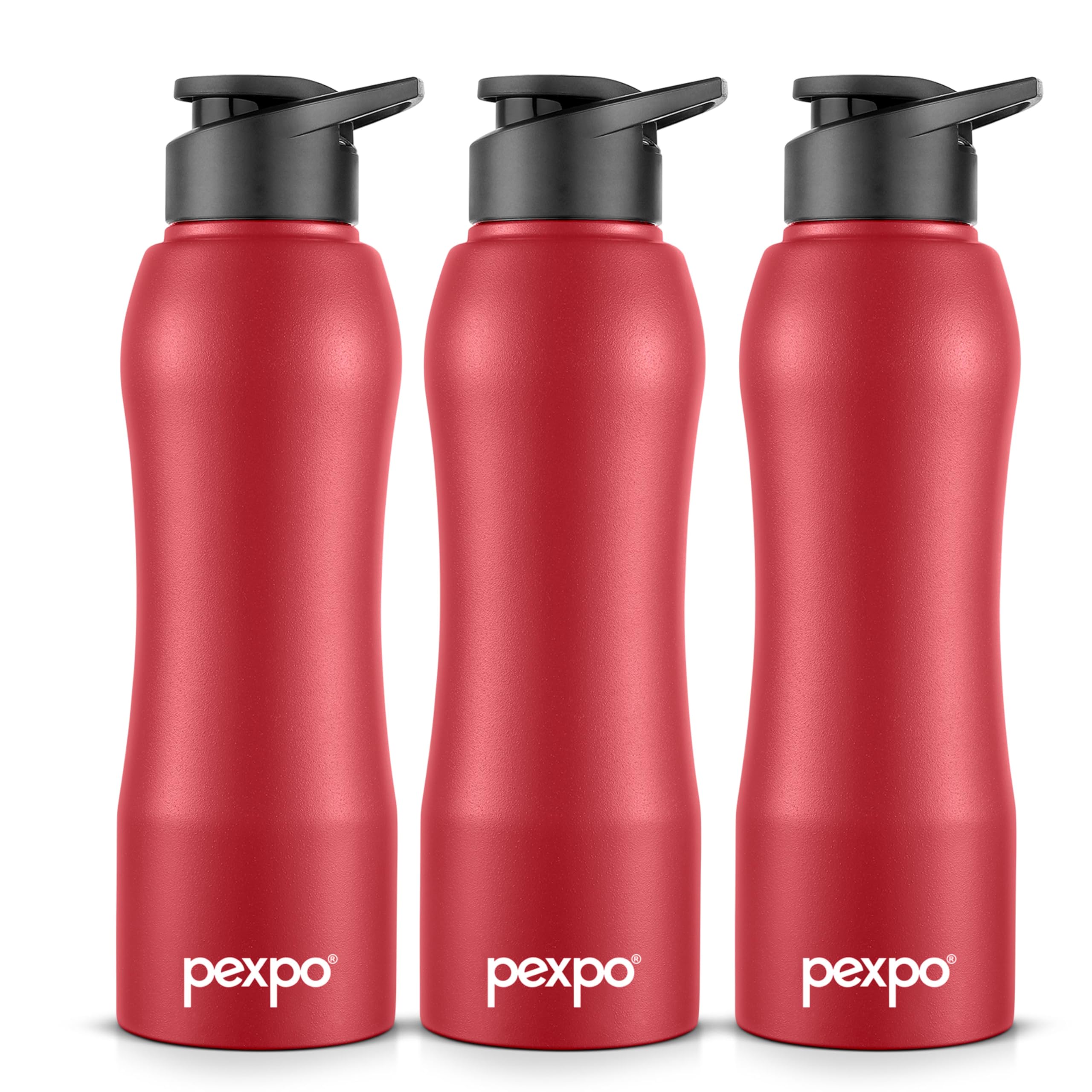 Pexpo Bistro Isi Certified Stainless Steel Fridge/Sports Sipper Water Bottle 1 Litre, Crimson Red, Pack Of 3|Single Wall|Easy Gr
