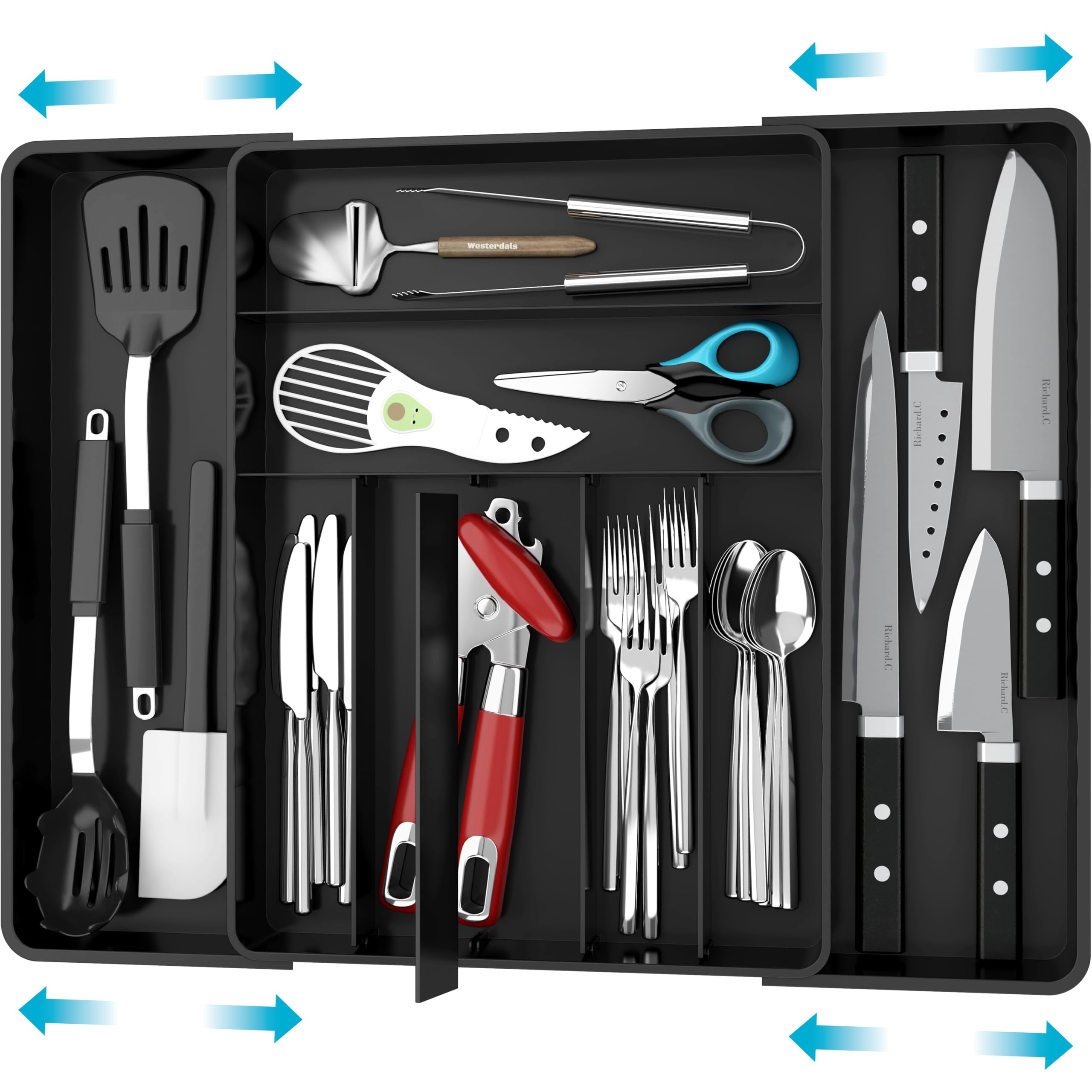 Simple Houseware Expandable Kitchen Drawer Flatware Organizer, Black - Adjustable Cutlery Tray with 9 Compartments for Utensils 