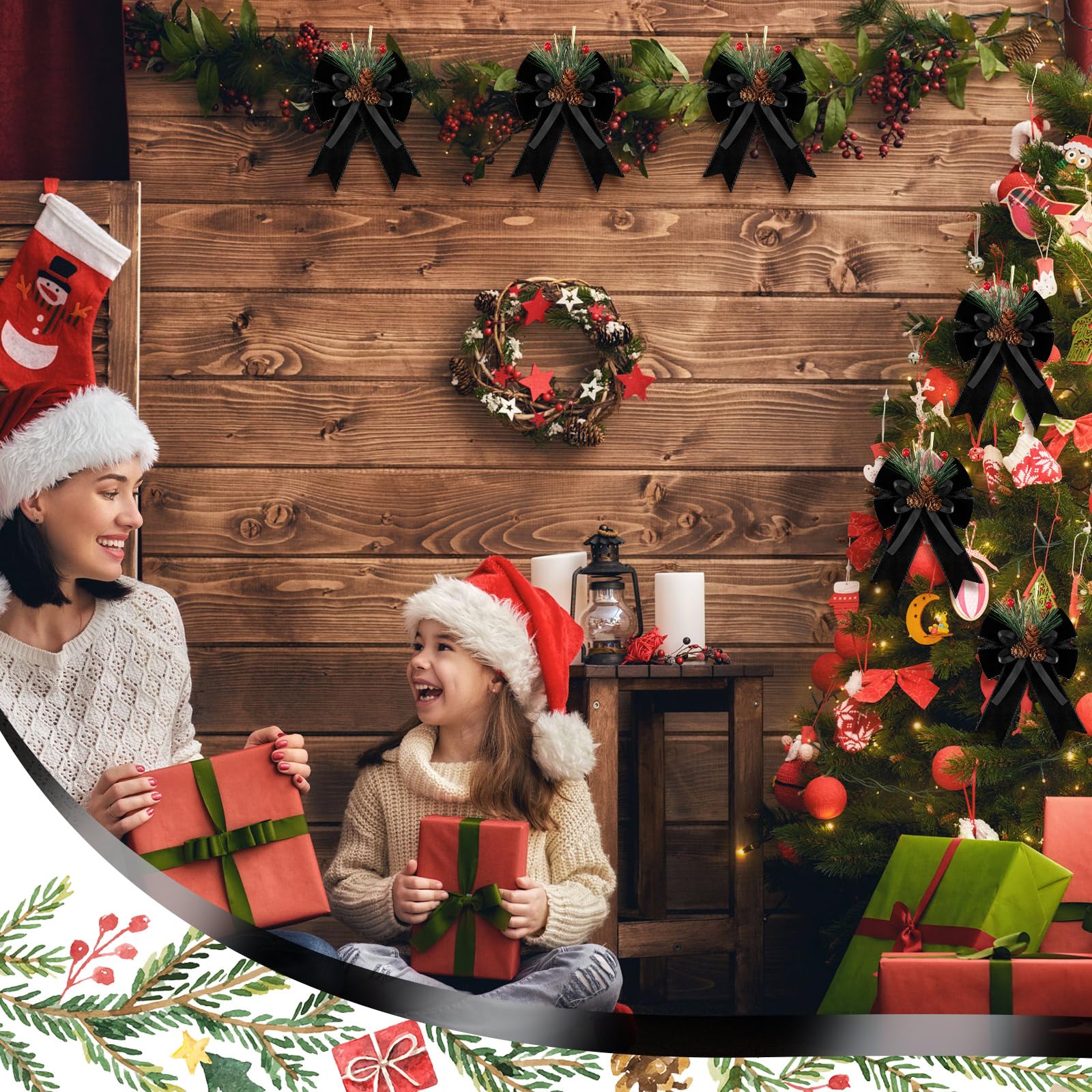 Syhood 6 Pcs Christmas Bows with Pine Cones Pine Needles Black Xmas Velvet Bows Elegant Ribbon Christmas Tree Wreath Decoration