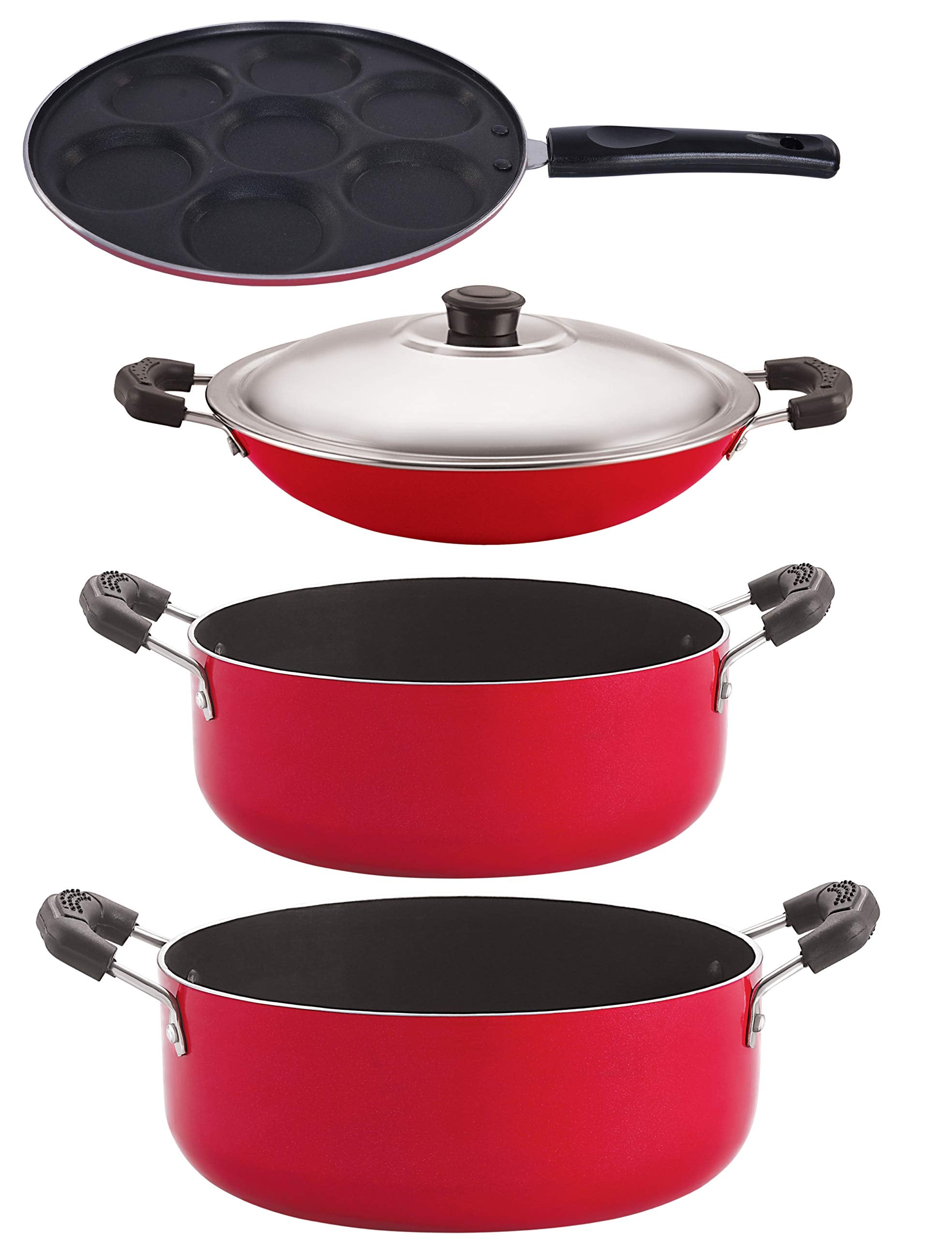 Nirlon NonStick Aluminium Cookware Set, 4Pieces, Red (Ac_Up7_Cs26_Cs24)