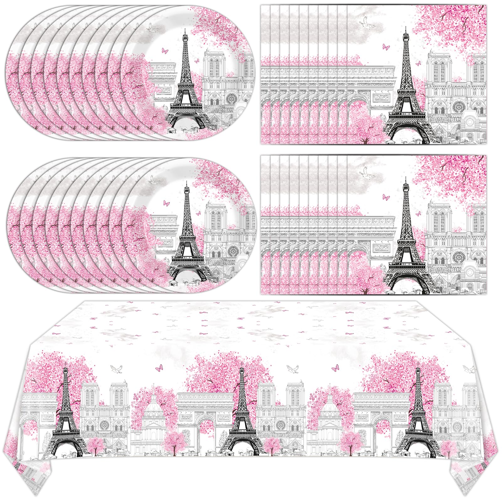 Zoiiwa Paris Eiffel Tower Place Setting, 41Pcs Pink, Disposable Tableware Set For Party Decorations