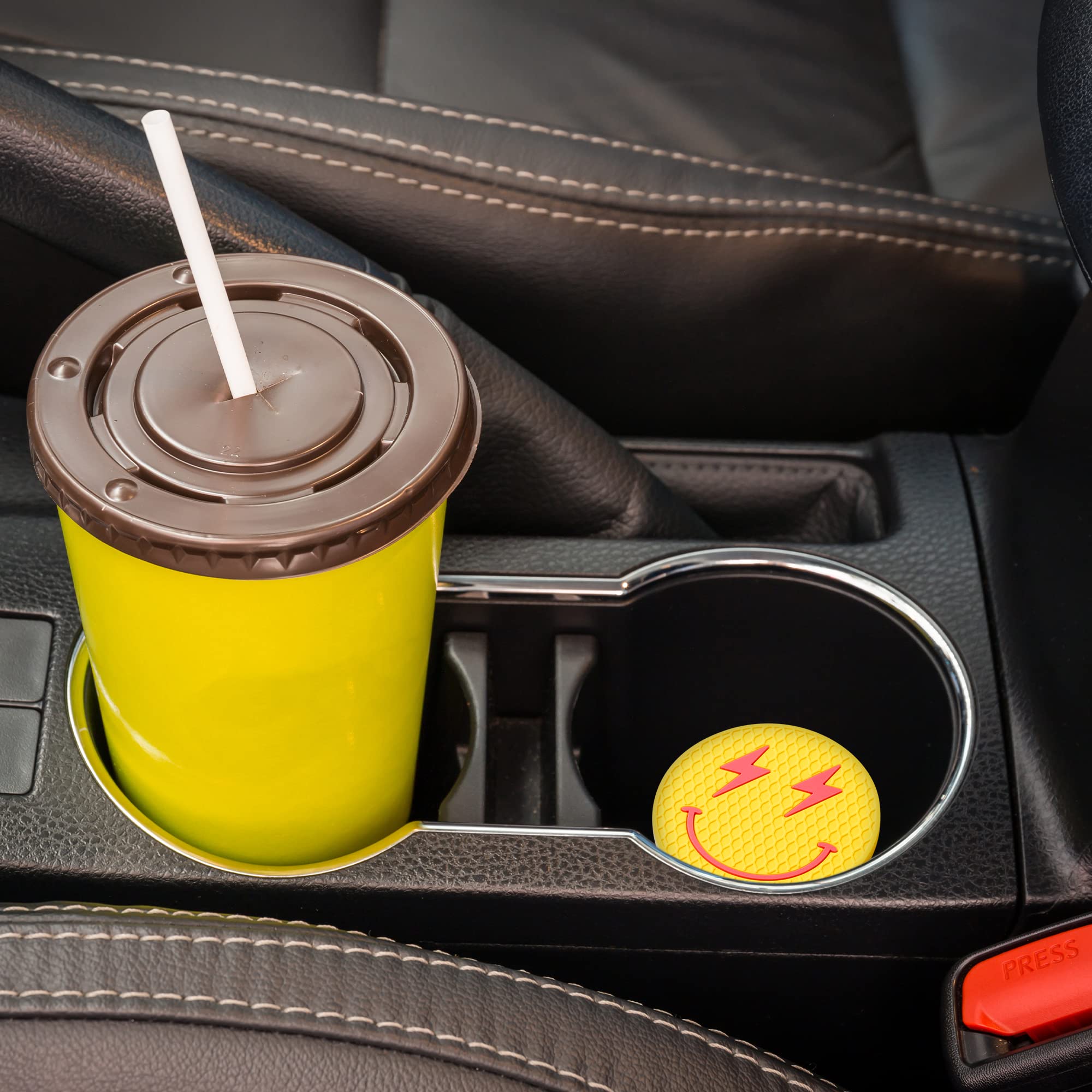 Aellasnervalt 4Pcs Preppy Car Cup Coaster Smile Face Lightning Bolt Leopard Lip Silicone Drink Coasters Non-Slip Heat Resistant