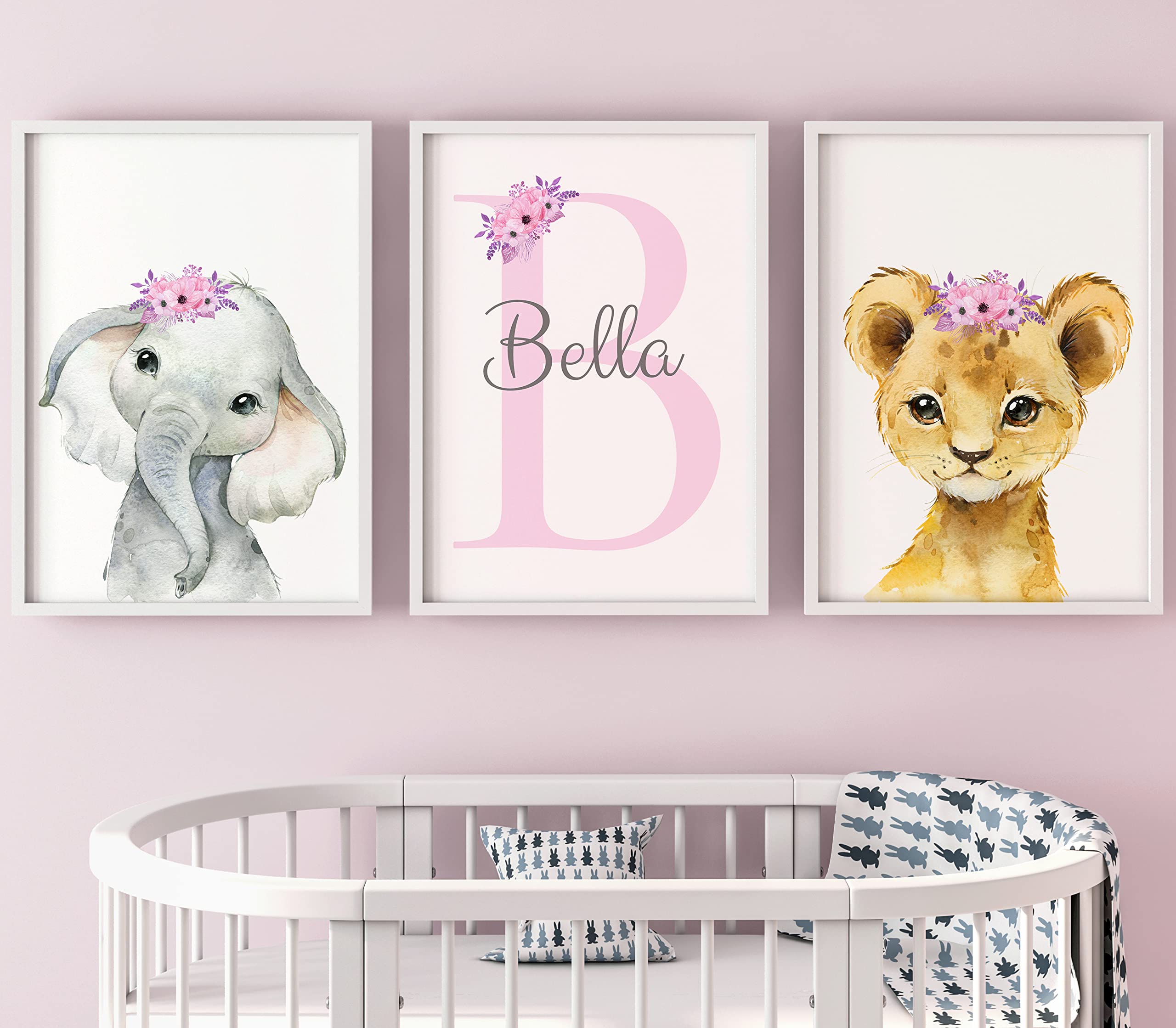 Personalized Safari Animals For Baby Girls Nursery, Set Of 3 Unframed Poster Prints, Personalized Name Pink Lilac Floral, Girls