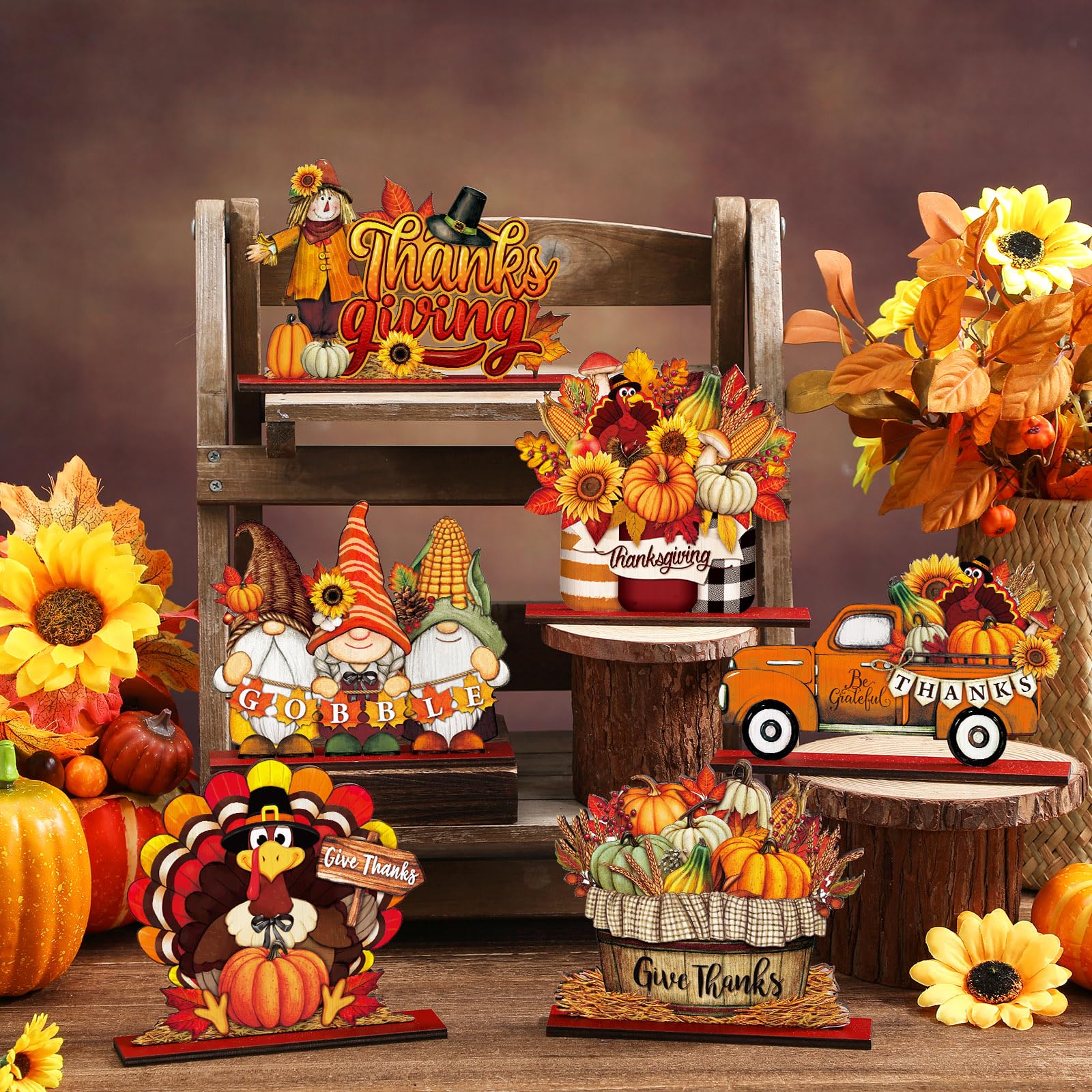 Cinnvoice 6 Pcs Thanksgiving Day Wooden Table Decorations Wood Tabletop Sign Centerpiece Rustic Decorations for Office Desk Farm