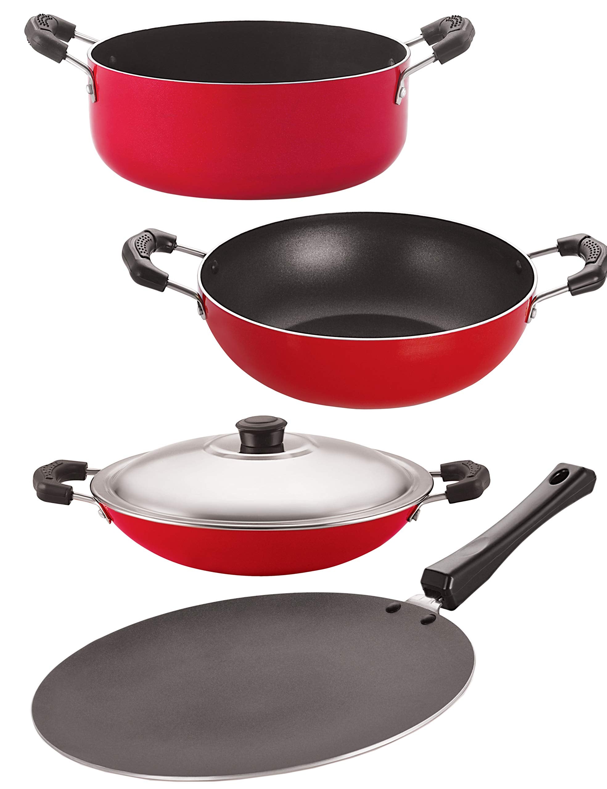 Nirlon Nonstick Aluminium Heat Resistance Cookware Set With Bakelite Handle, Gas Compatible (4Pieces) (Ct11_Kd11_Ac_Cs24)