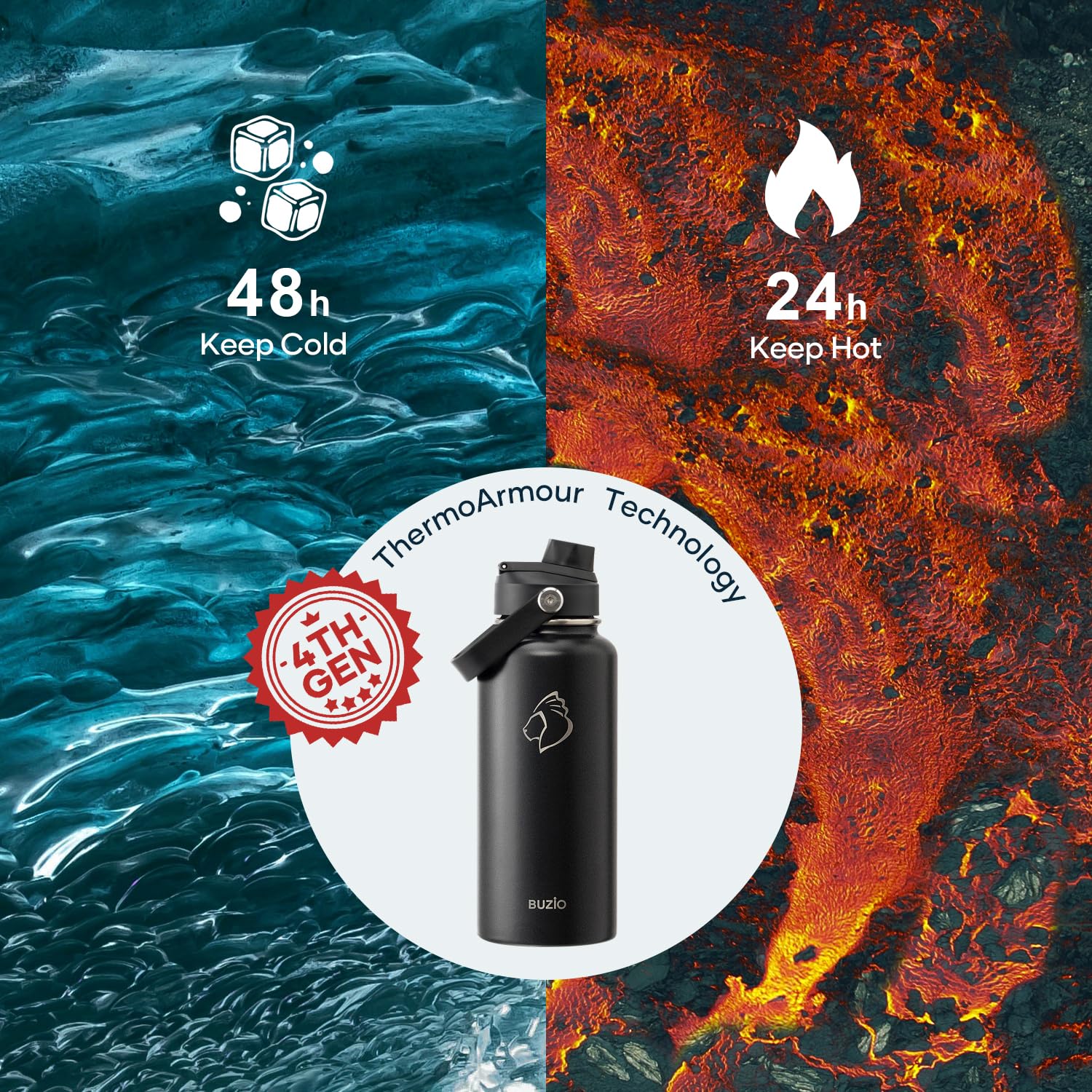 BUZIO Stainless Steel Water Bottle (Cold for 48 Hrs  Hot for 24 Hrs)  32 oz Vacuum Insulated Water Bottle with Straw Lid and Flex Cap (Double Wall  Wide Mouth  BPA Free  Leak Proof)  Black