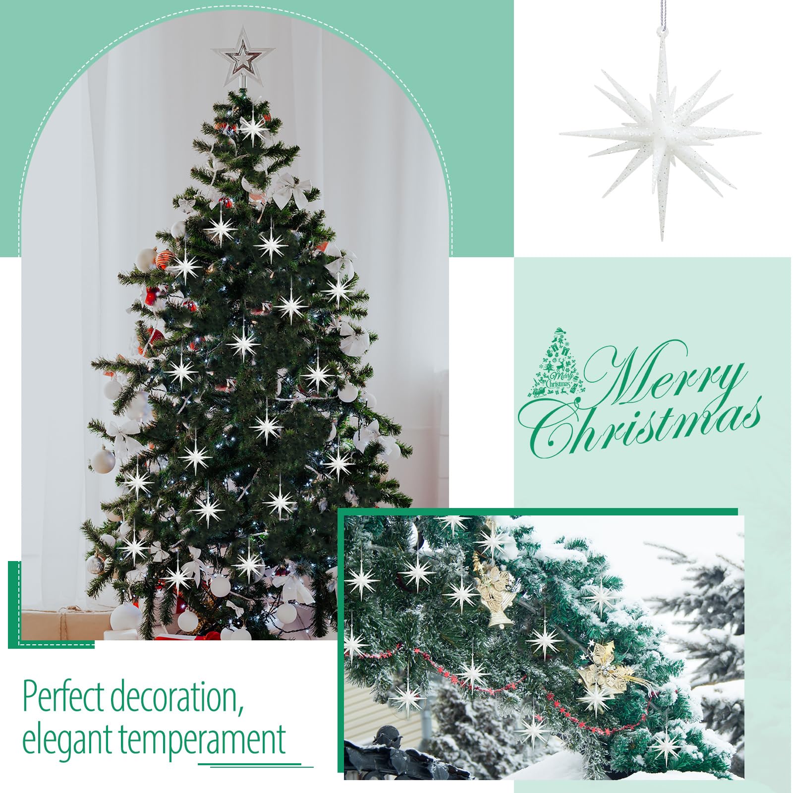 Wonderjune 6 Inch Set of 8 Glitter Large Star Hanging Ornaments Christmas Tree Decorations Plastic Festive Embellishments Pendan