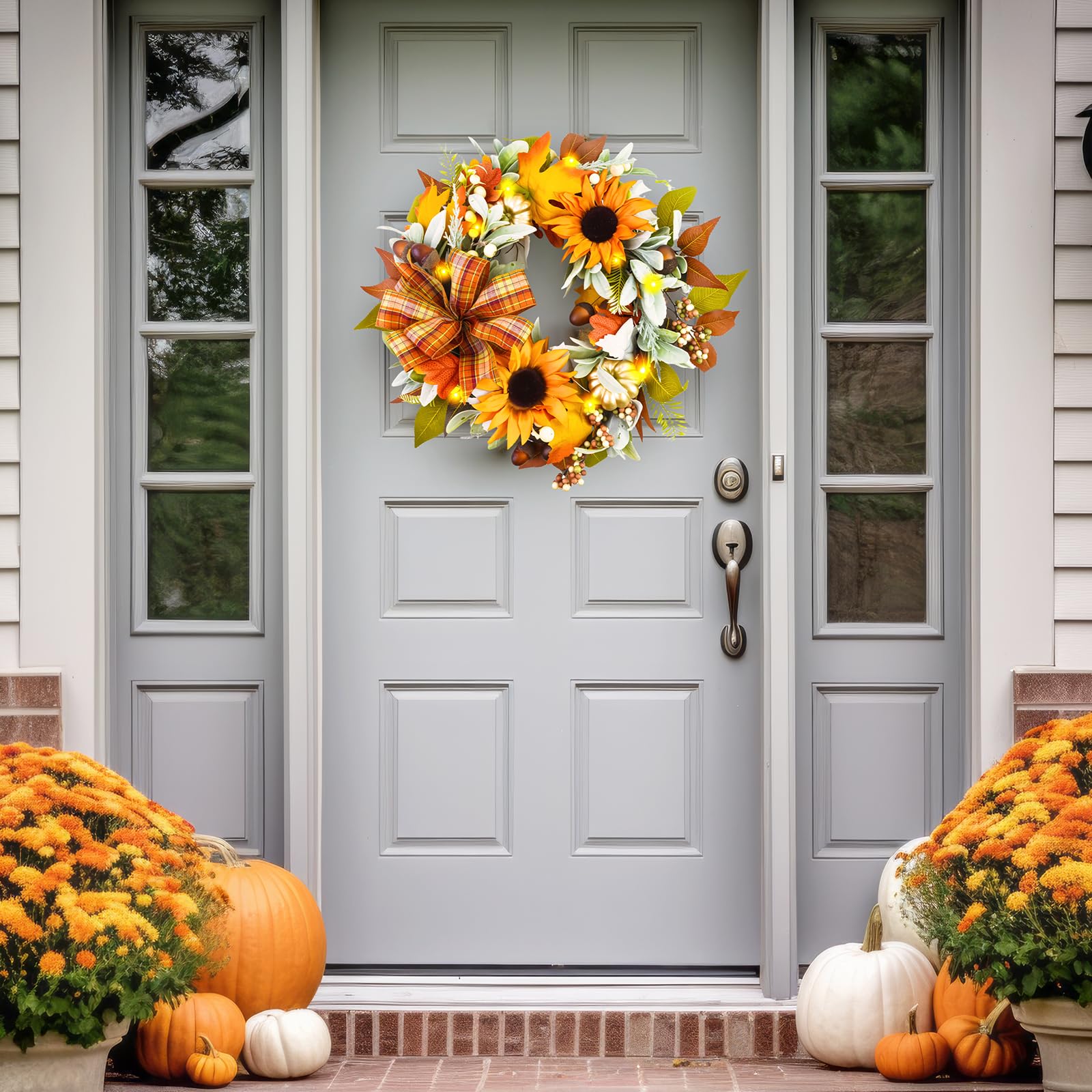 Fall Wreaths for Front Door,Sunflower Autumn Wreath with Lights,Pumpkins and Bows,for Thanksgiving Halloween Farmhouse Indoor Ou
