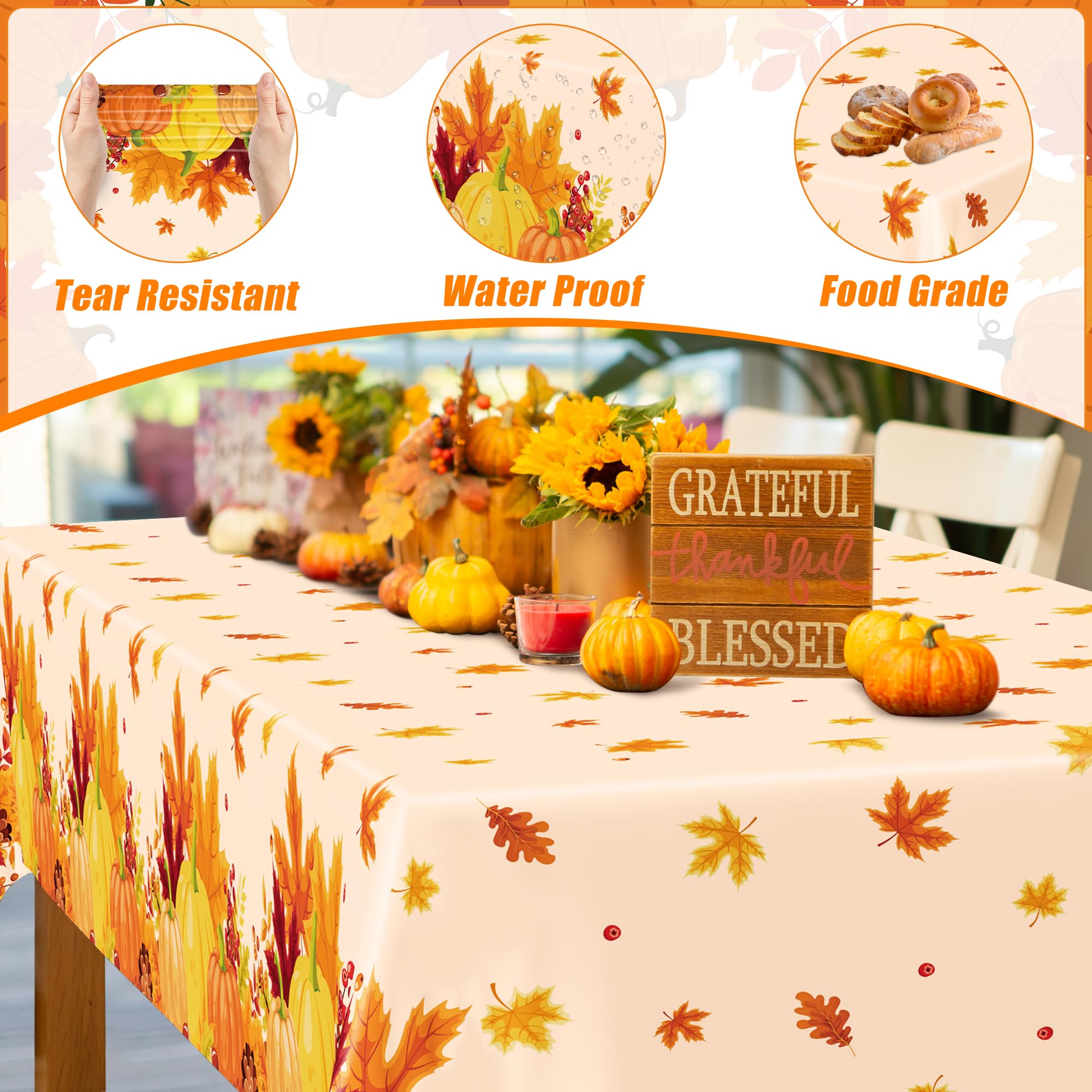 QZYL 2 Pack Thanksgiving Tablecloths, 54 x 108 Friendsgiving Plastic Tablecloth, Rectangle Disposable Tablecover Pumpkin Tablecl