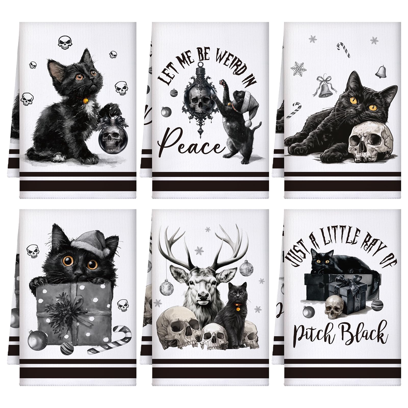 Bencailor 6 Pcs Gothic Christmas Kitchen Towels Black Cat Spooky Christmas Dish Hand Towels Creepy Horror Xmas Tea Washcloth for