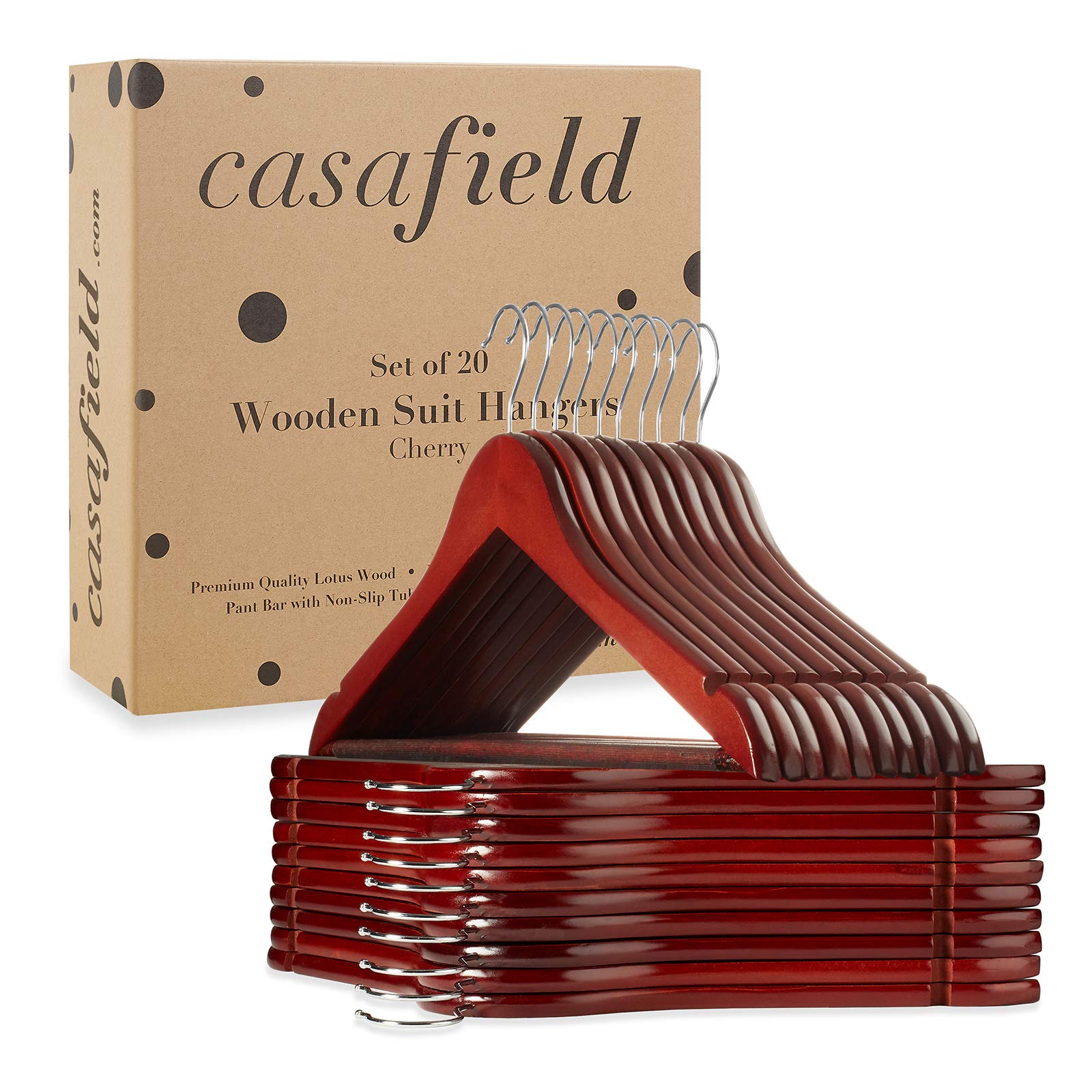 Casafield - 20 Cherry Wooden Suit Hangers - Premium Lotus Wood with Notches & Chrome Swivel Hook for Dress Clothes  Coats  Jackets  Pants  Shirts  Skirts