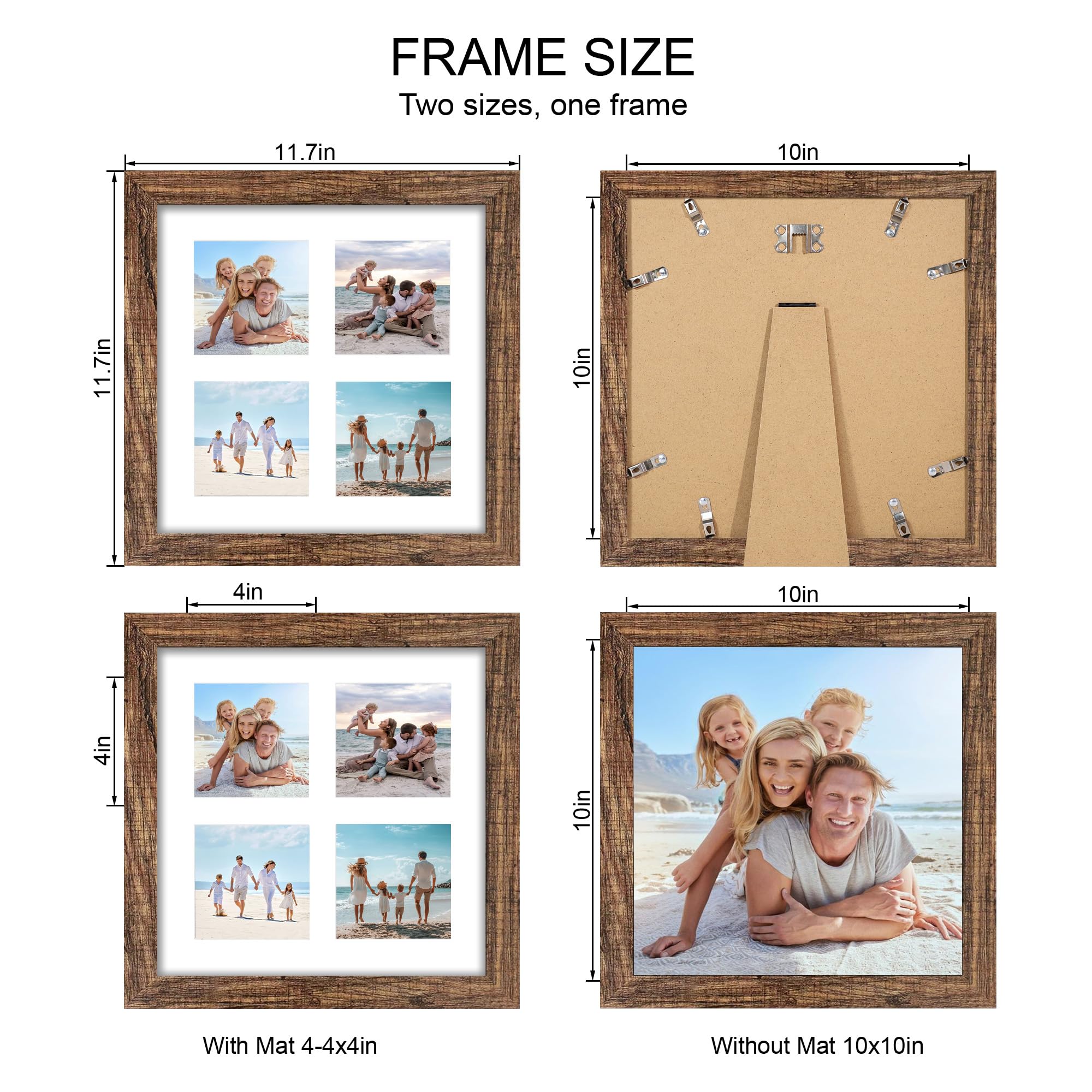 Hongkee 10x10 Picture Frame Set of 2, Real Glass and Rustic Brown Collage Frame, Display Pictures Four Opening 4x4 With Mat or 1