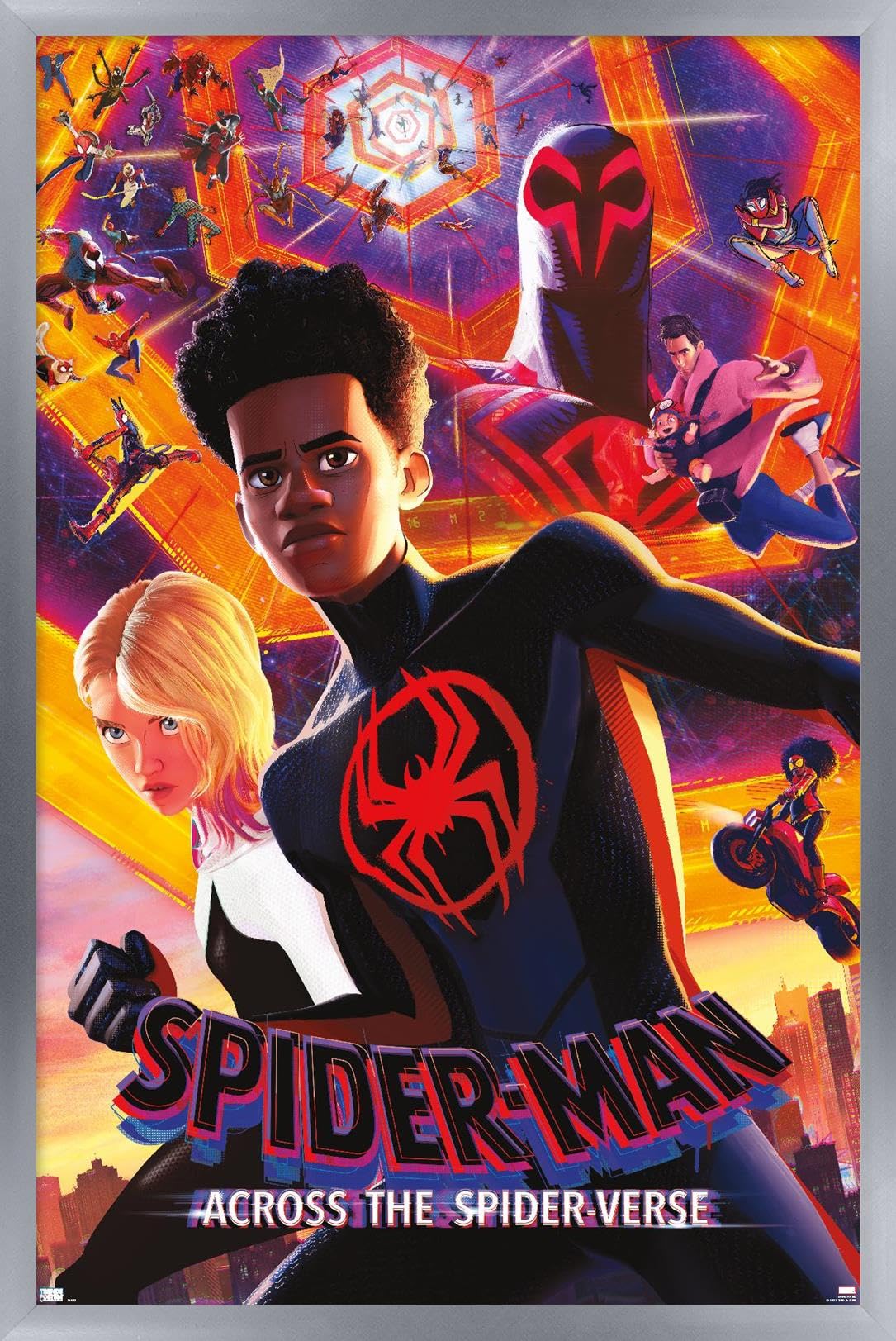 Trends International Marvel Spider-Man: Across The Spider-Verse - Group One Sheet Wall Poster, 14.72'' X 22.37'', Silver Framed