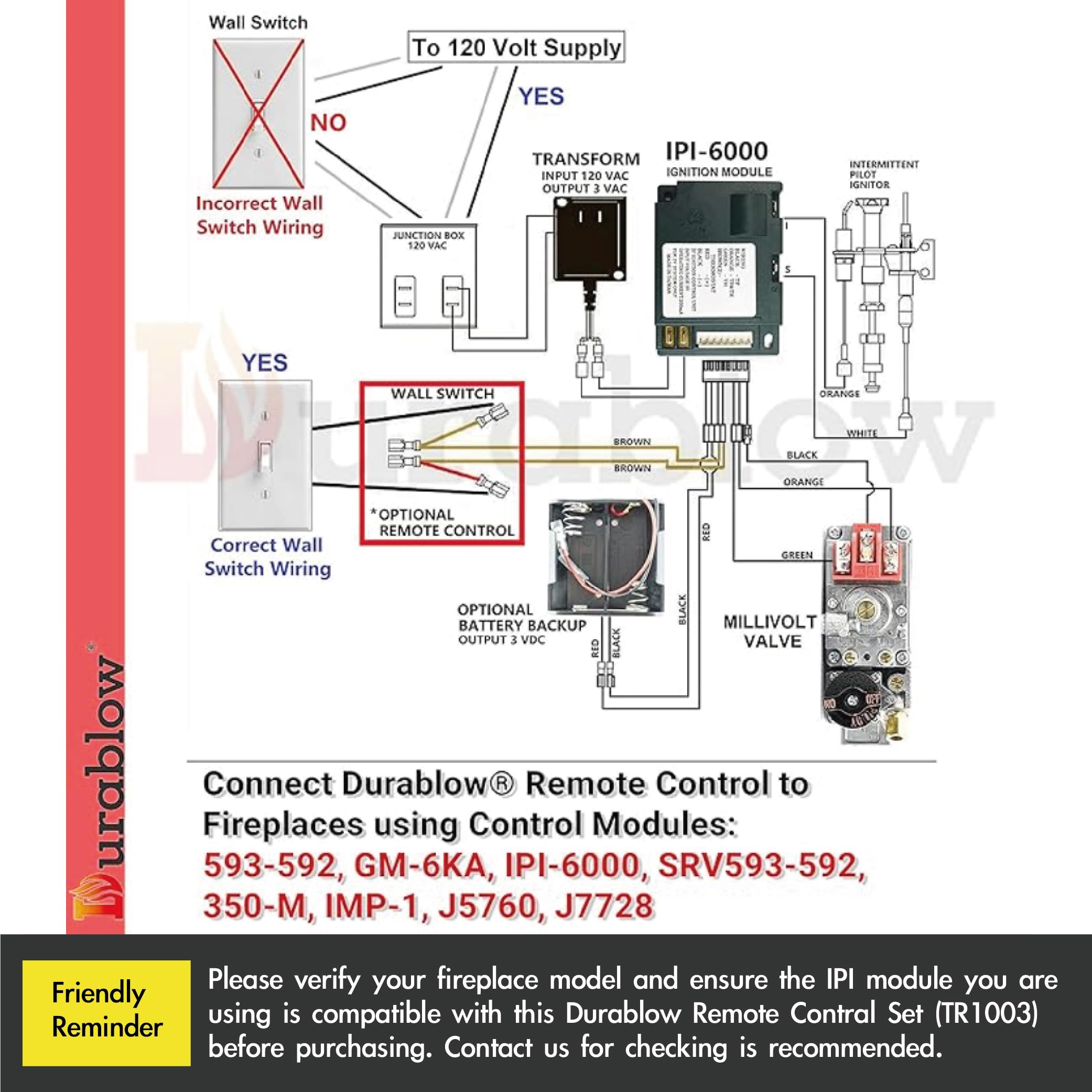 Durablow TR1003 On/Off Gas Fire Fireplace Remote Control Kit + Thermostat + Timer with LCD Screen for Millivolt Valve  IPI Module  Replaces Wall Switch  Thermostat  Wireless Thermostat Control Module