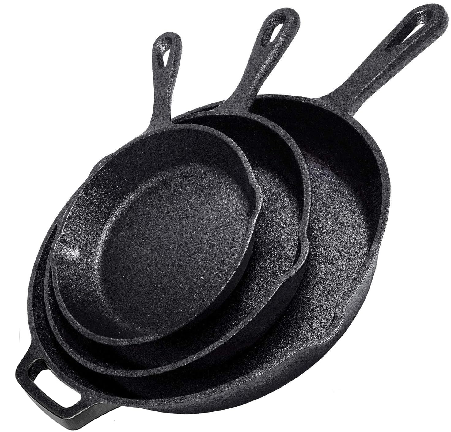 Simple Chef Cast Iron Skillet 3-Piece Set - 12'', 10'', 8'' Heavy Duty Pans - Professional Restaurant Chef Quality Pre-Seasoned