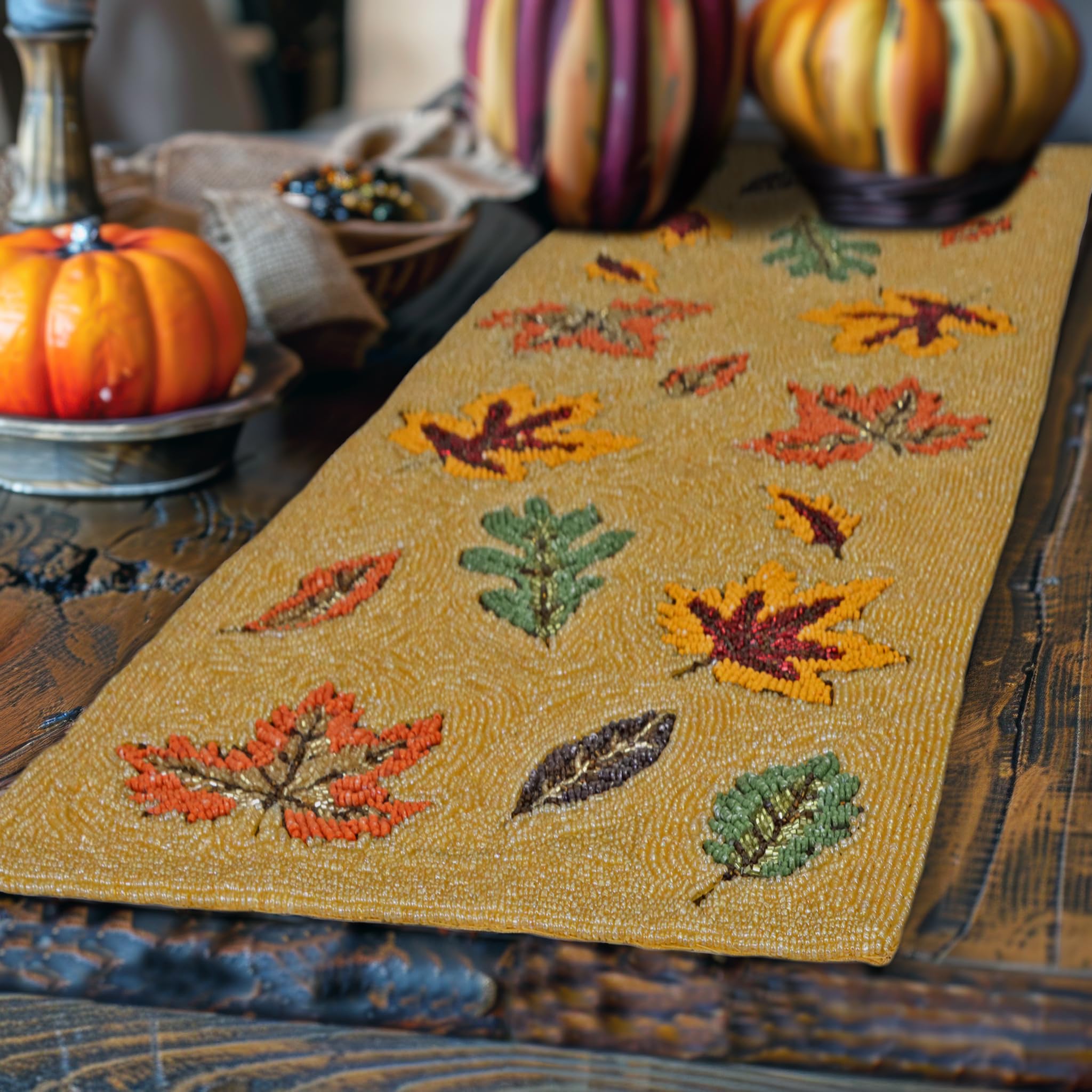 COTTON CRAFT Harvest Beaded Table Runner - Scattered Leaves Handmade Fall Tablerunner - Thanksgiving Autumn Foliage Christmas Ce