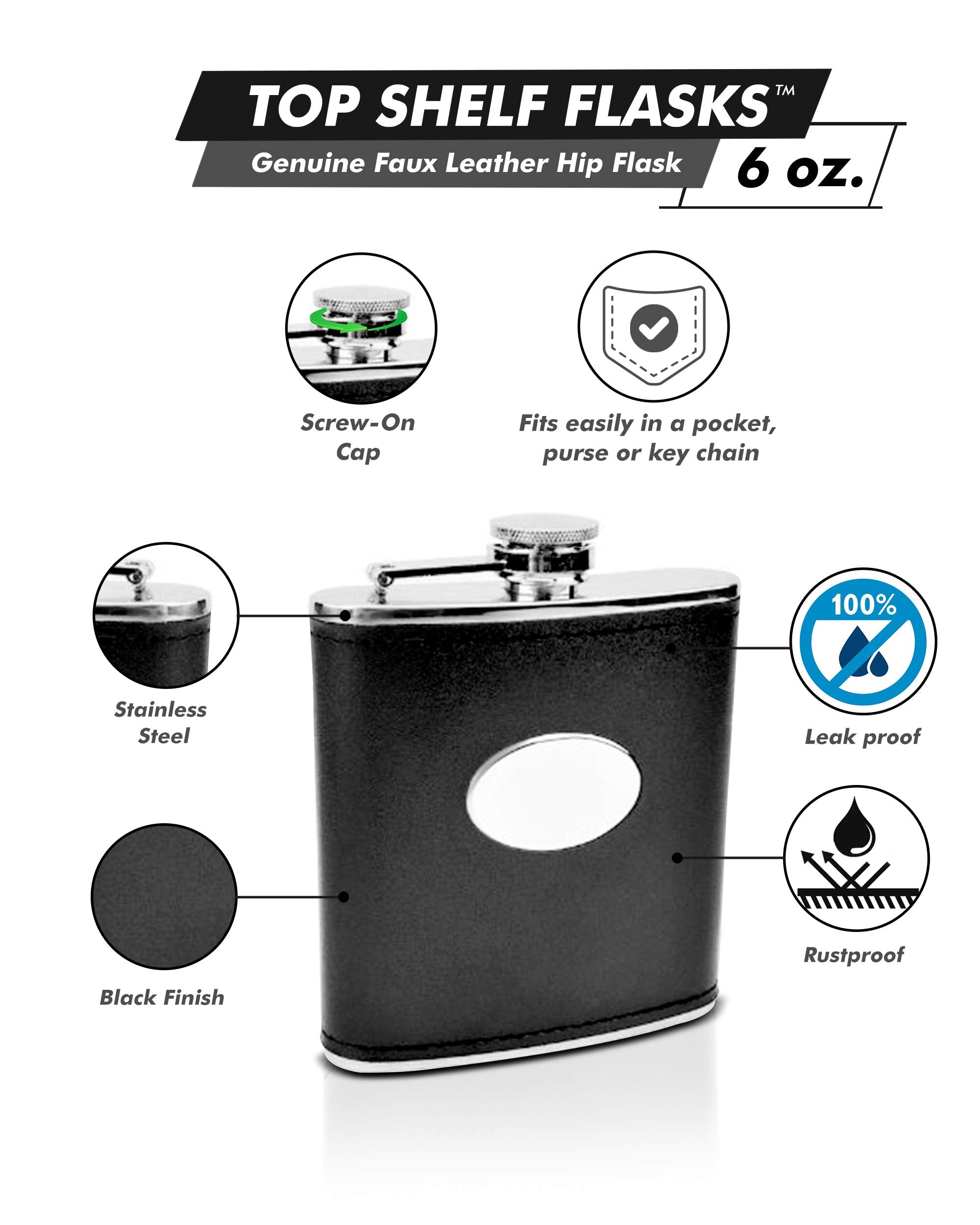 Genuine Faux Leather Hip Flask Holding 6 Oz - Pocket Size Stainless Steel Rustproof Screw-On Cap