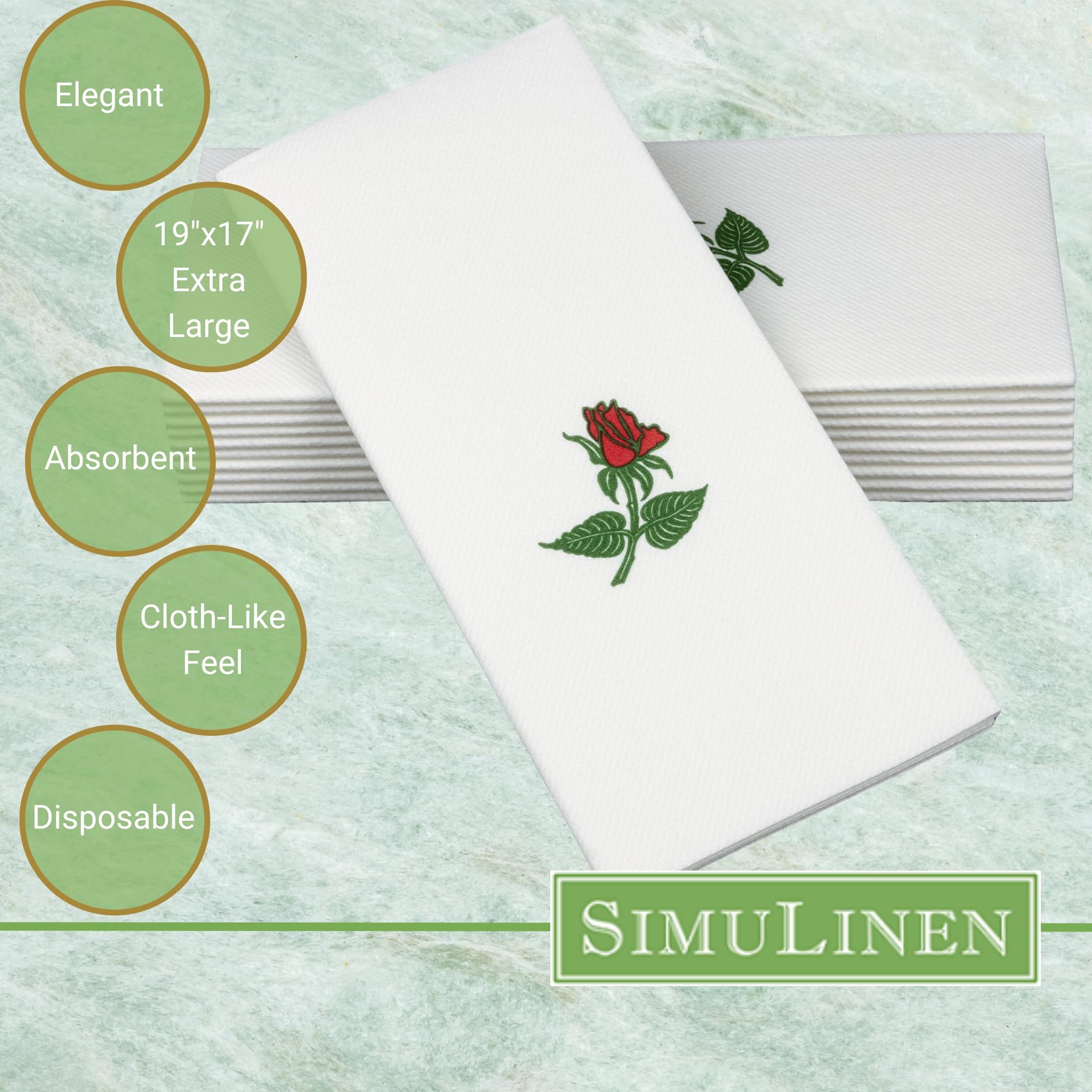 Simulinen Single Rose Dinner Napkins - Decorative Cloth Like & Disposable Large Napkins - Soft, Absorbent & Durable (19''X17'' -