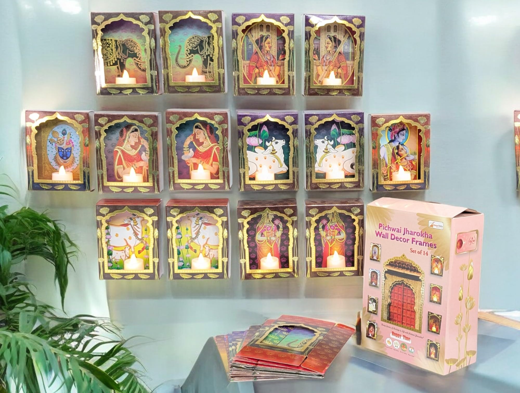 StepsToDo Pitchwai Jharokha Wall Dcor Box Frames (Pack of 14) Deep Deewar With LED Candle, Jharokha Style Wall & Home Decor for