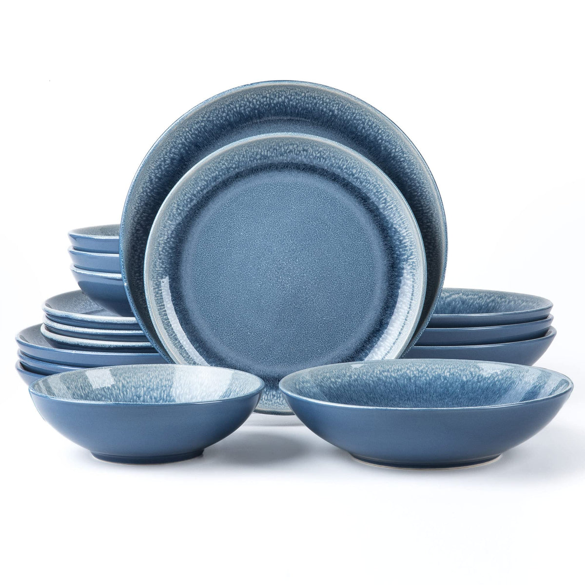 Arora Fait Round Stoneware 16Pc Double Bowl Dinnerware Set For 4, Dinner Plates, Side Plates, Cereal Bowls, Pasta Bowls - Reacti