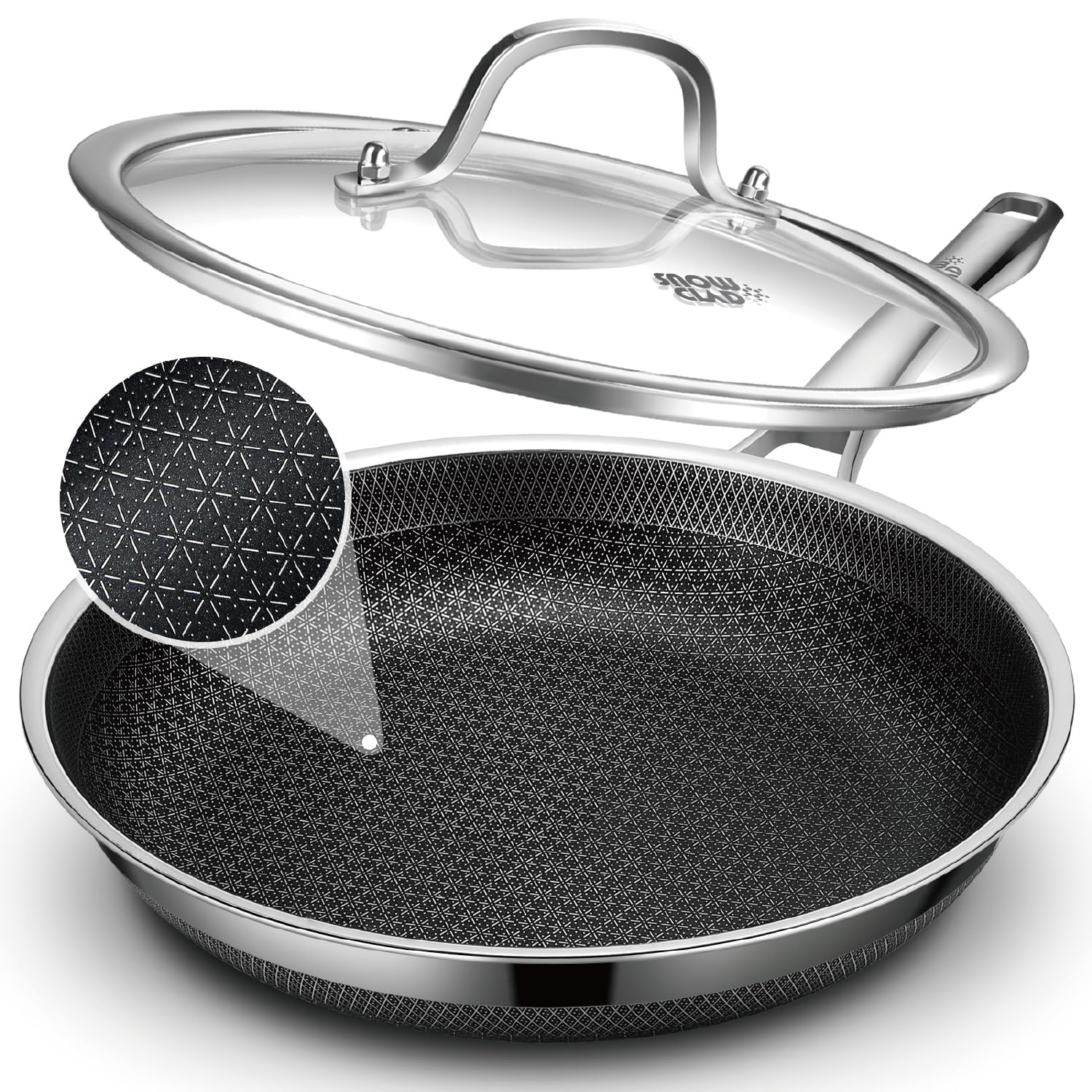 SNOWCLAD Frying Pan with Lid, 10 Inch Hybrid Non Stick Stainless Steel Skillets, Dishwasher Induction Oven Broiler Safe, Non Tox