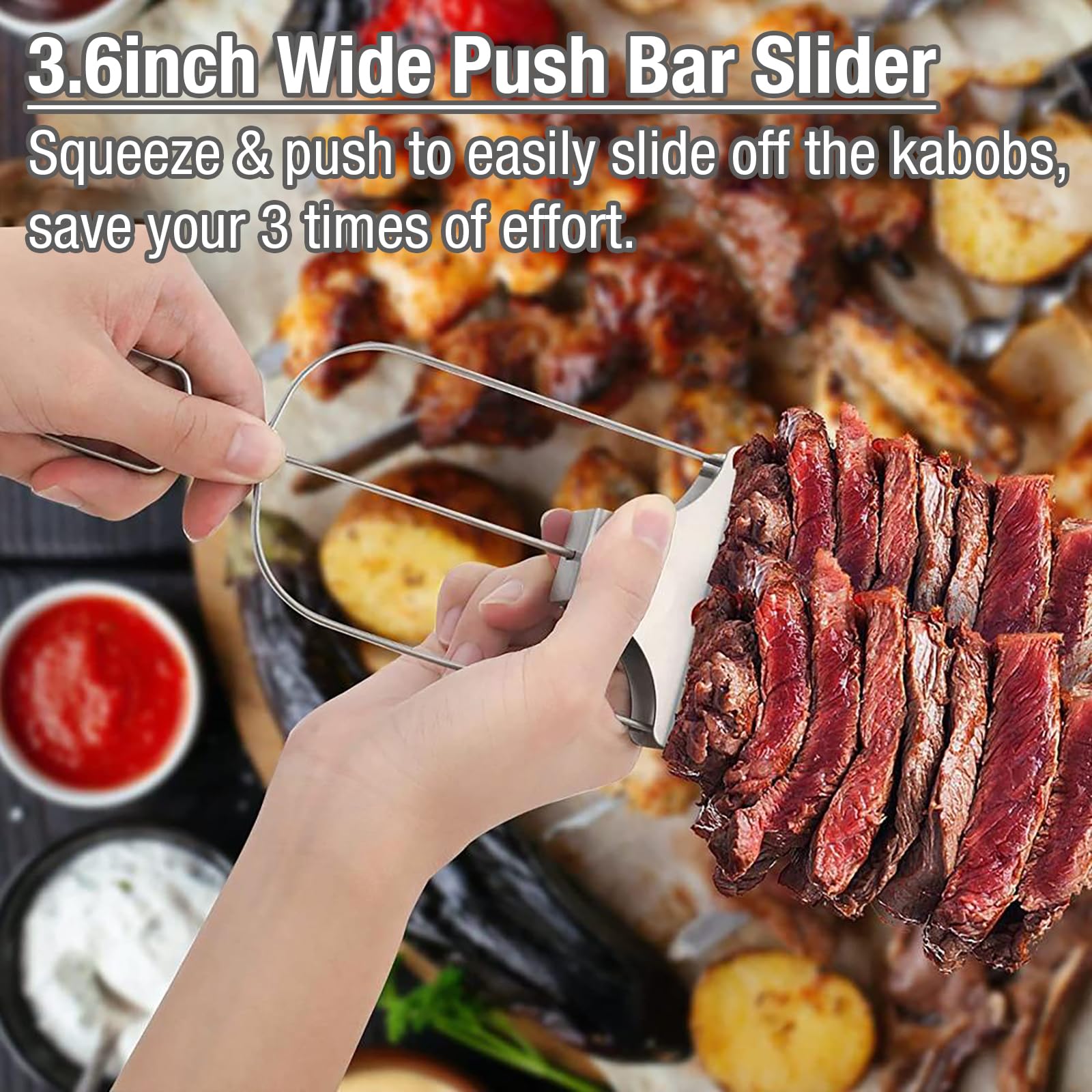 Skewers For Kabobs Set Of 2, 14 Inch 3-Prongs Metal Kabob Skewers Stainless Steel Flat Skewers With Slider For Grilling Meat, Ve