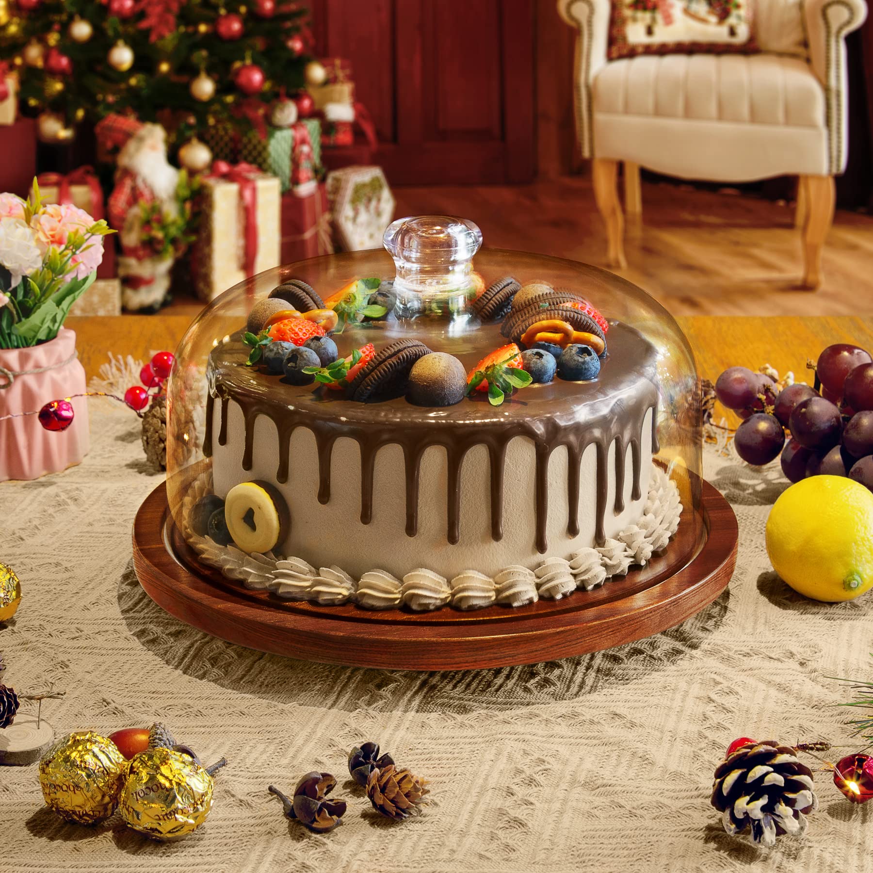 Cake Stand With Acrylic Dome, Rotating Cake Plate Acacia Wood Cake Stand With Acrylic Lid, Cake Display Server Tray, Cake Decora