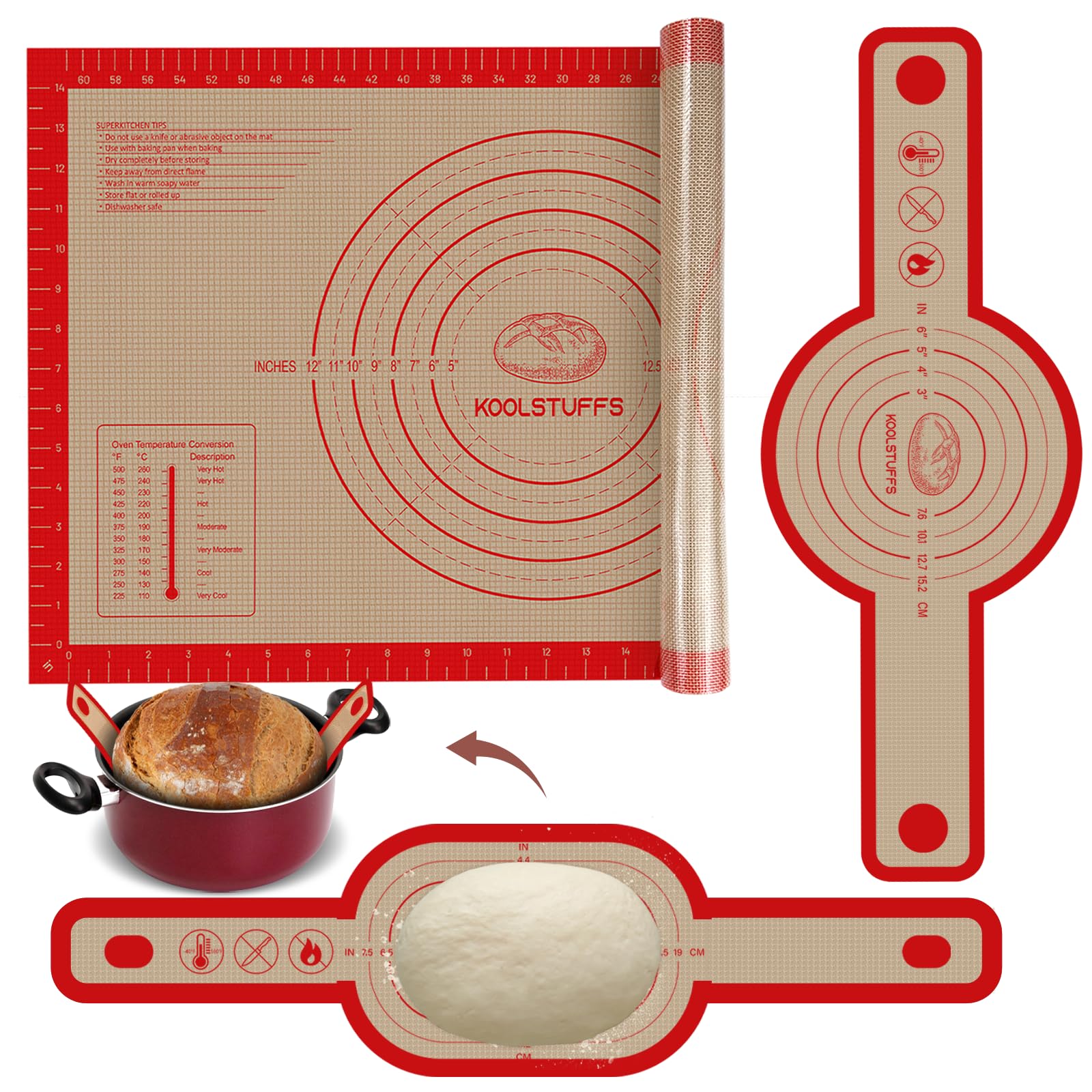 Silicone Bread Sling and Pastry Mat, 3 PCS Non-Stick & Easy Clean Reusable Silicone Bread Baking Mat with Long Handles, Easy to 