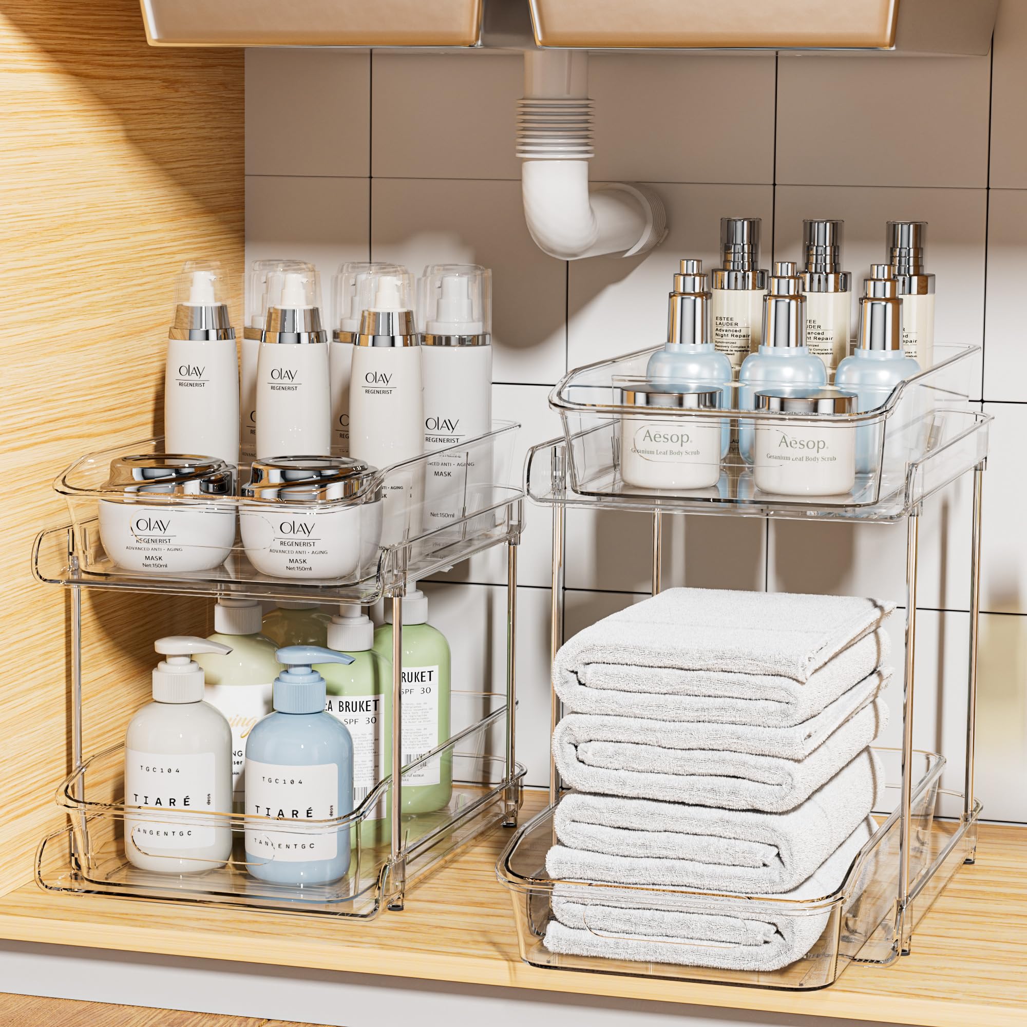 Delamu 2 Sets Of 2-Tier Clear Under Sink Organizers And Storage, Multi-Purpose Stackable Bathroom Cabinet Organizers, Pull Out K