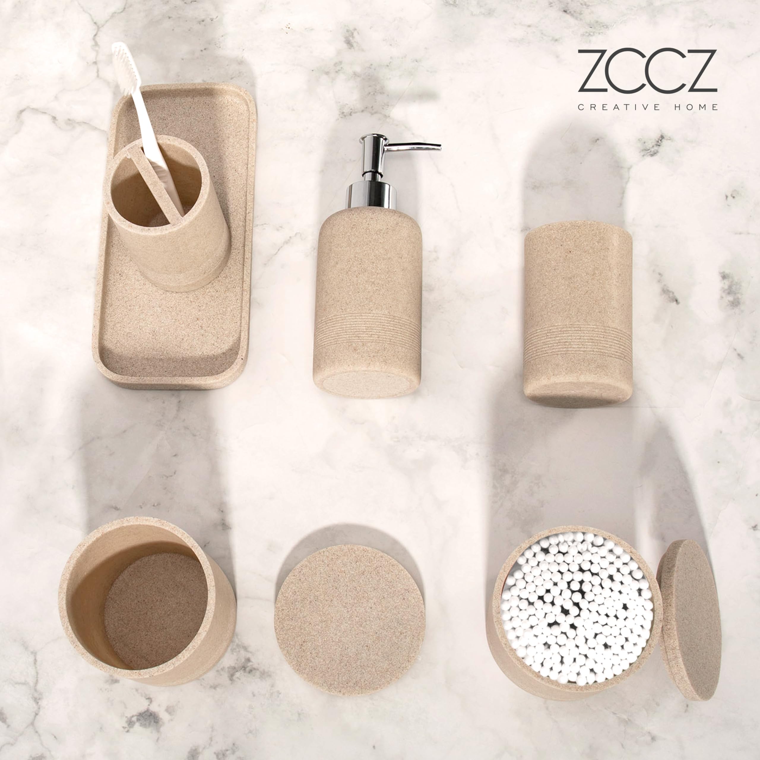 ZCCZ - Beige Bathroom Accessories Set 6 Pcs - Toothbrush Holder  Lotion Soap Dispenser  2 Qtip Holder Dispensers  Vanity Tray  Bathroom Tumbler - Countertop Vanity Organizer - Bathroom Accessory Set