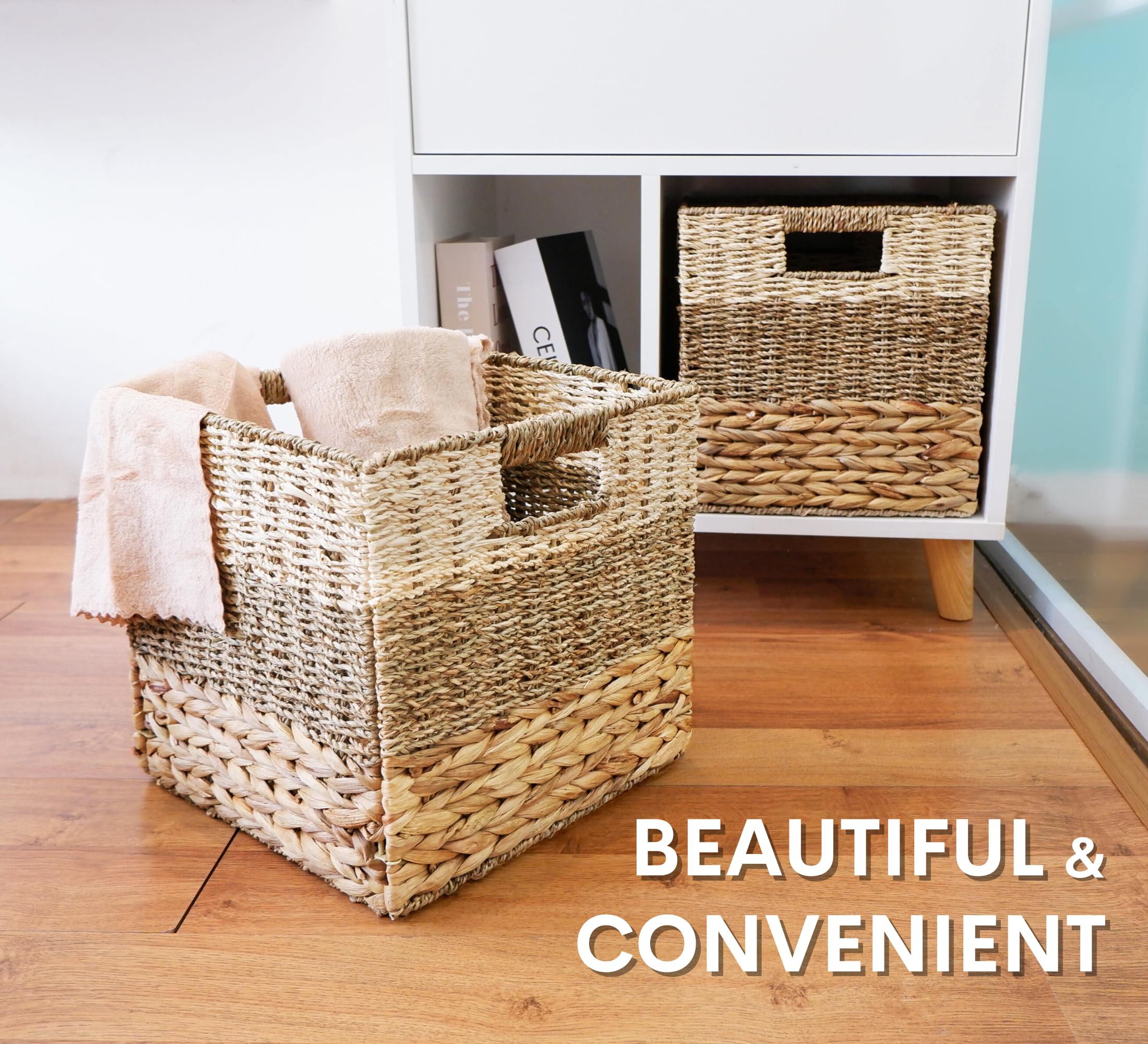 Chi An Home Wicker Storage Cubes, Set Of 4 Heavy Duty Hyacinth Baskets For Shelves, 13X13 Baskets For Cube Shelf, Natural Foldab